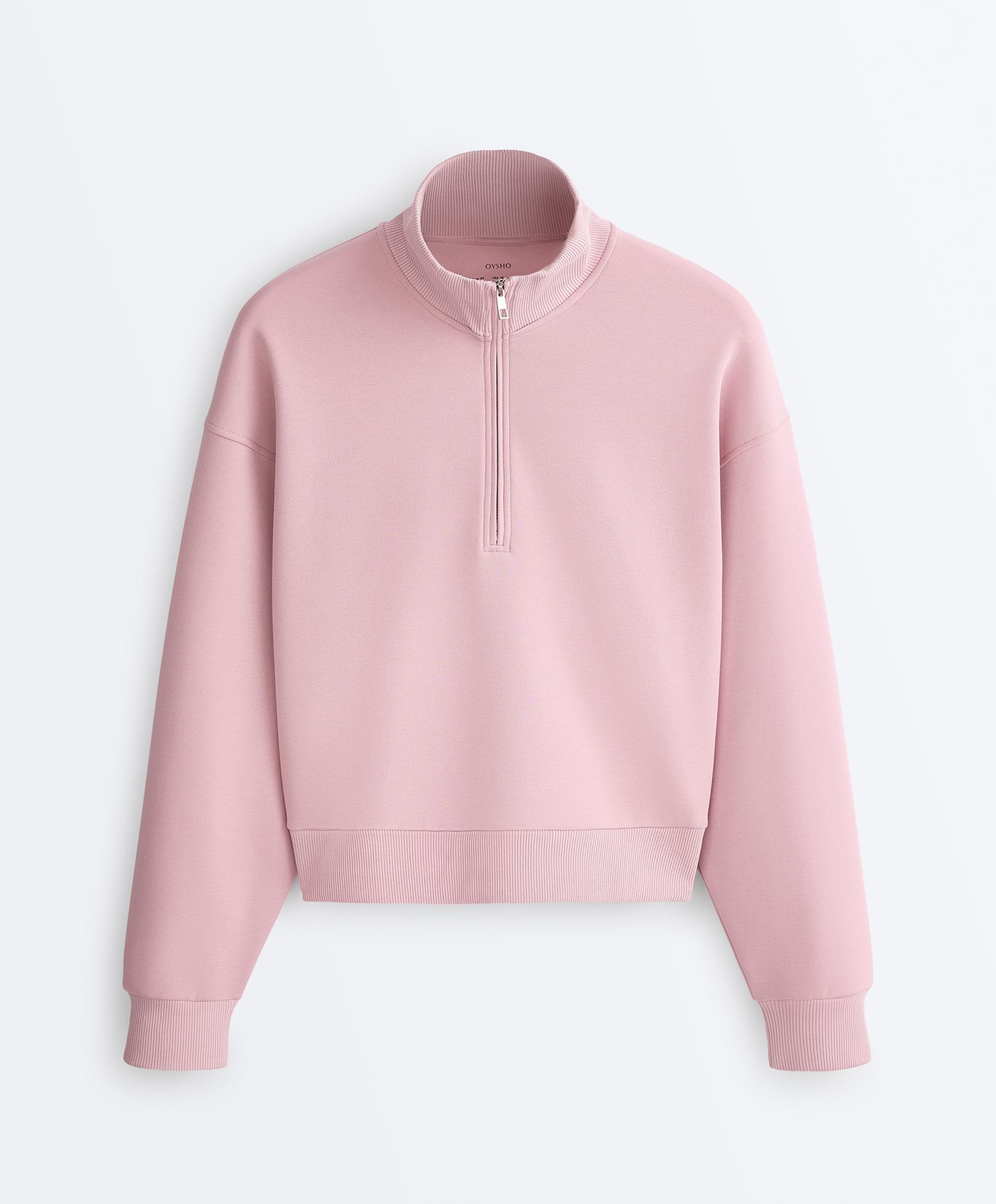 Pique high-neck zip sweatshirt with cotton — PALE PINK