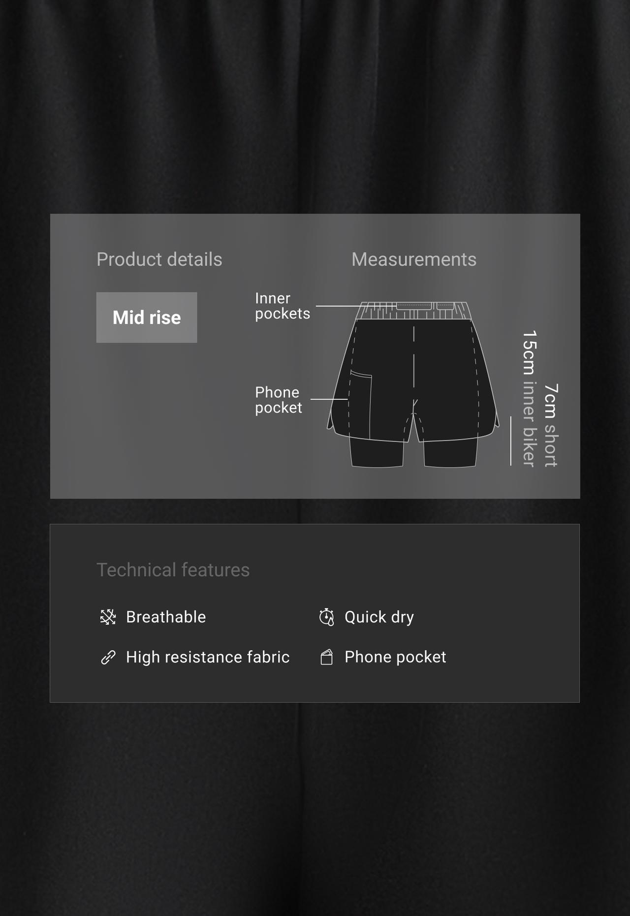 Technical mid rise 2-in-1 shorts — BLACK