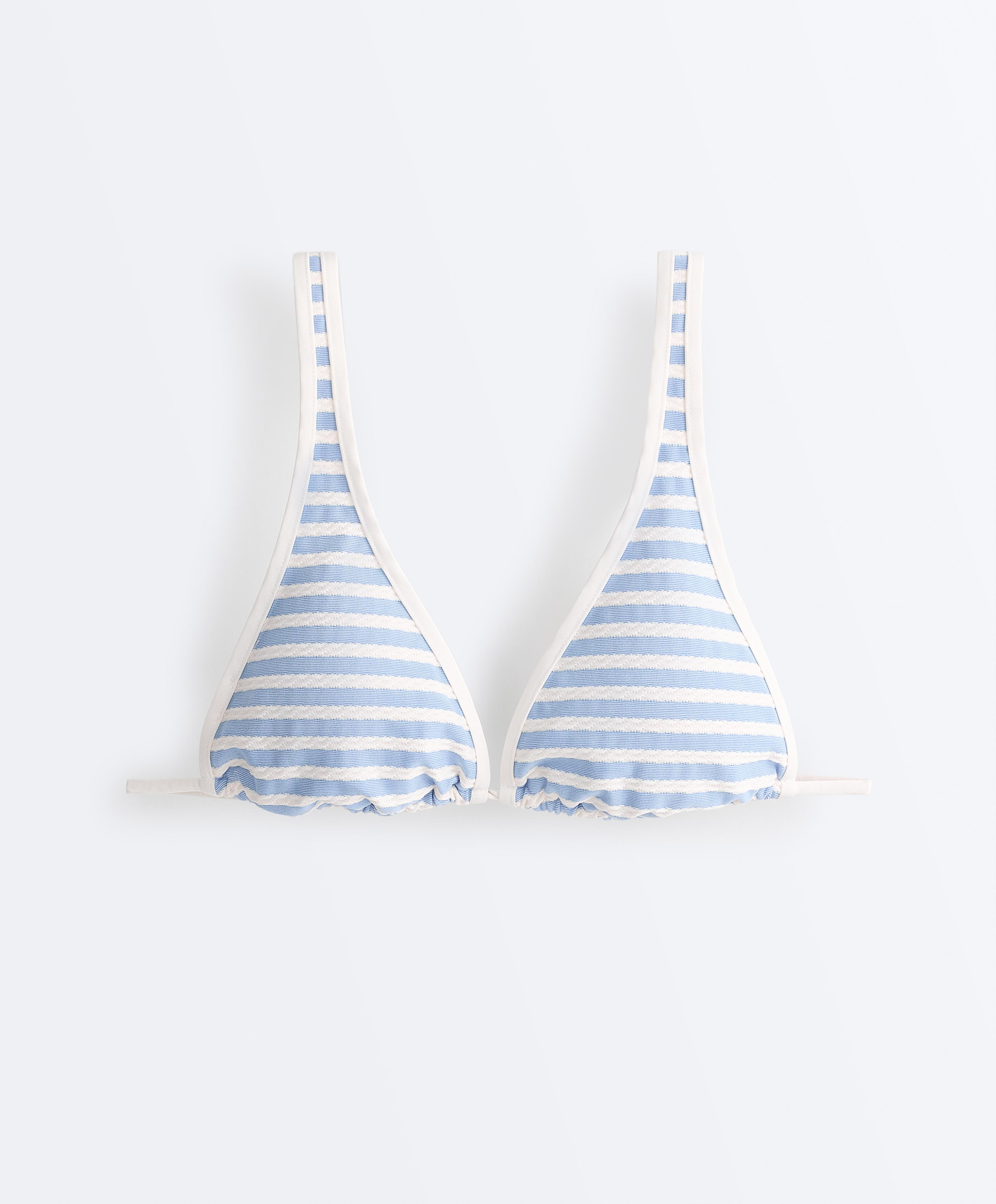 Textured stripe triangle halterneck bikini top — WASHED SKY BLUE