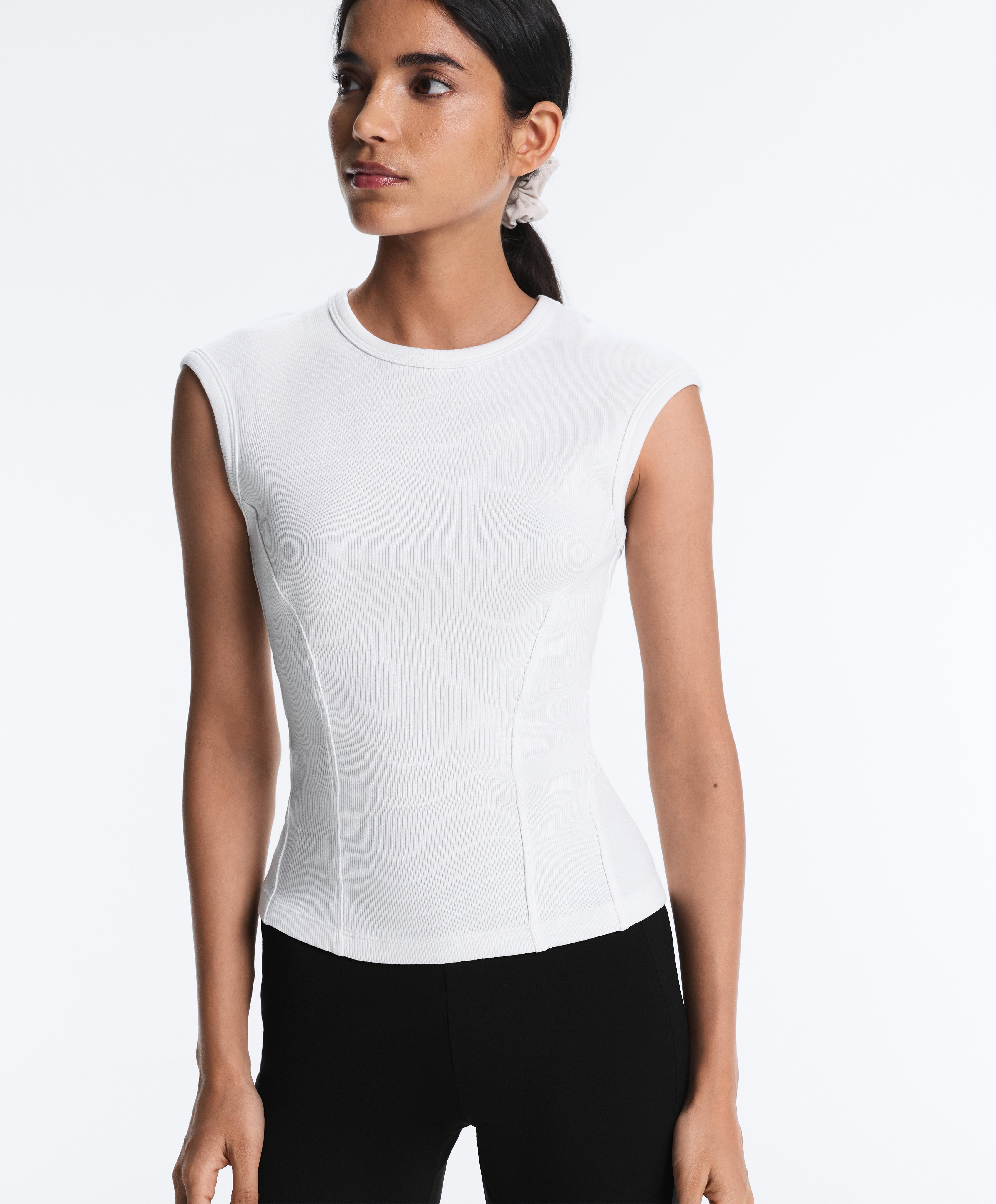 Short-sleeved rib top with cotton and modal — WHITE