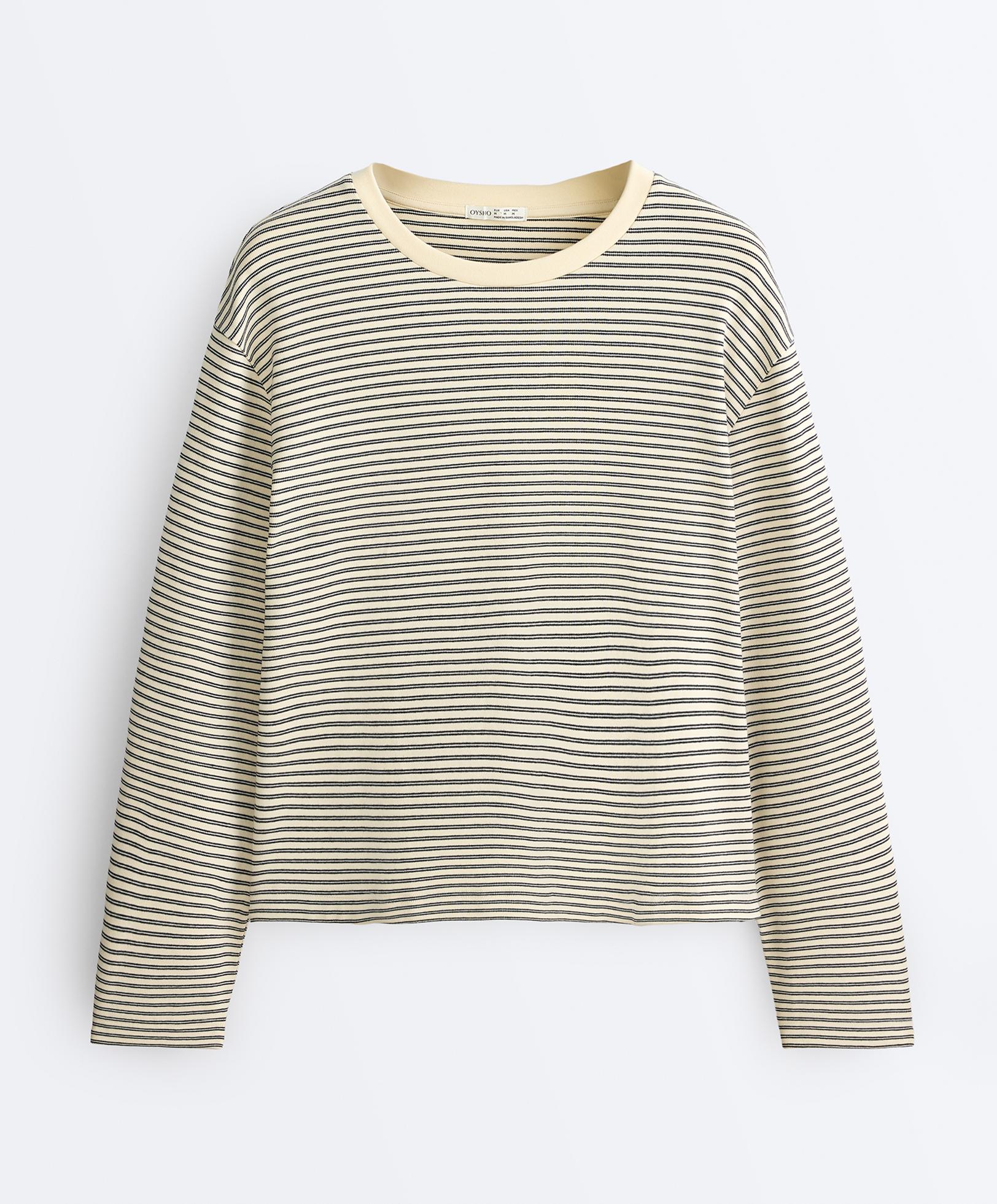 Striped cotton blend long sleeve relaxed T-shirt — WHITE