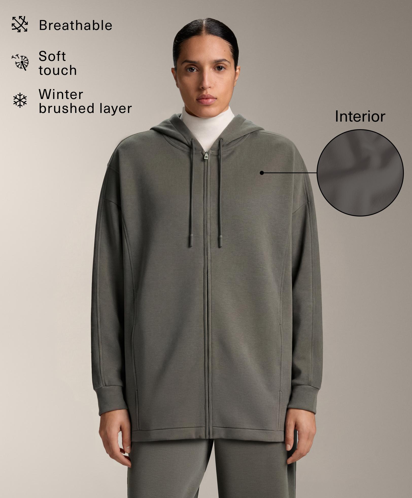 Lange Jacke mit Kapuze und gerippten Details aus gebürstetem Modal Lange Jacke mit Kapuze und gerippten Details aus gebürstetem Modal