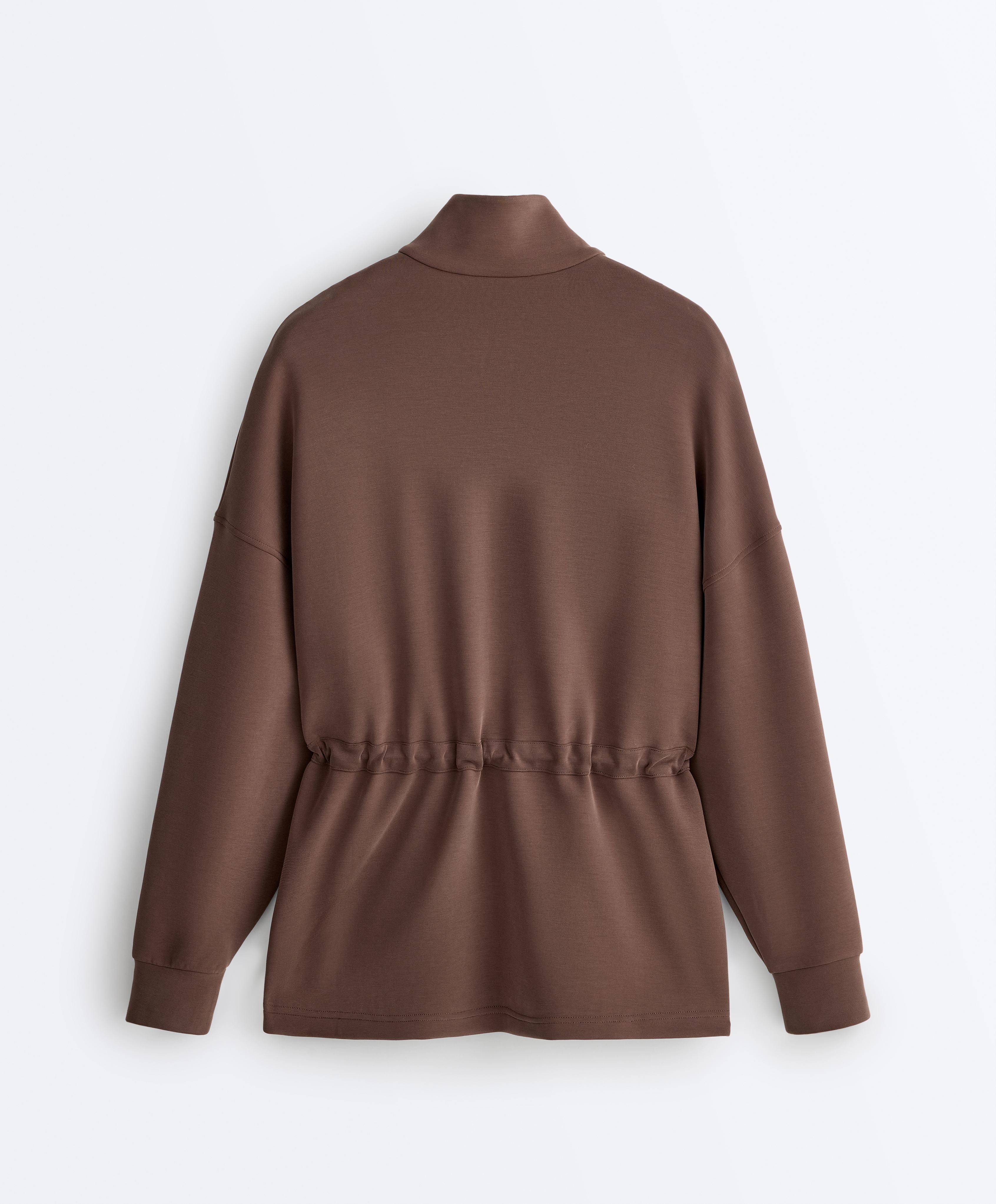 Long jacket with ribbed high neck and soft-touch modal — MID-BROWN