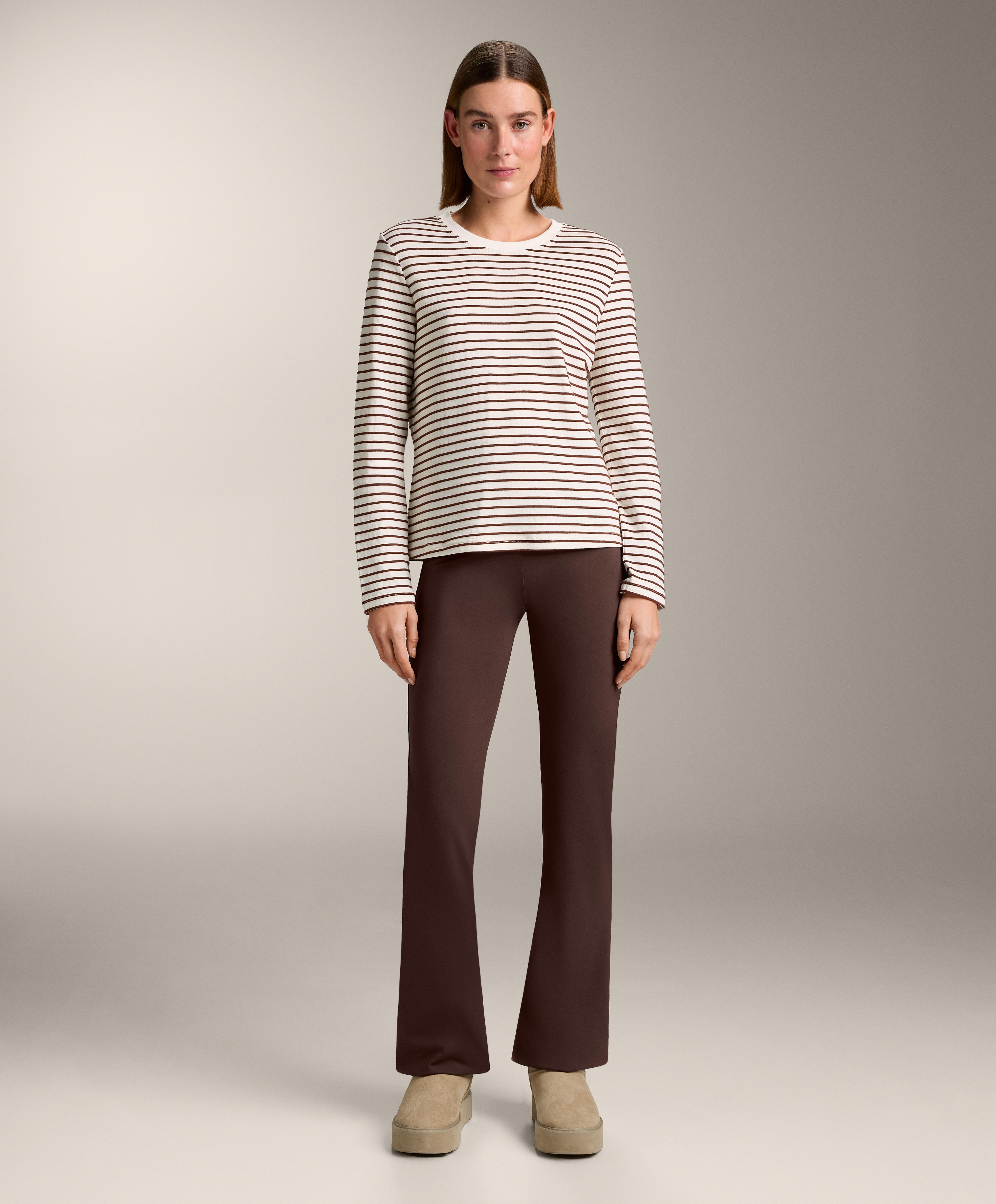 Regular fit long sleeve striped cotton blend T-shirt — BROWN