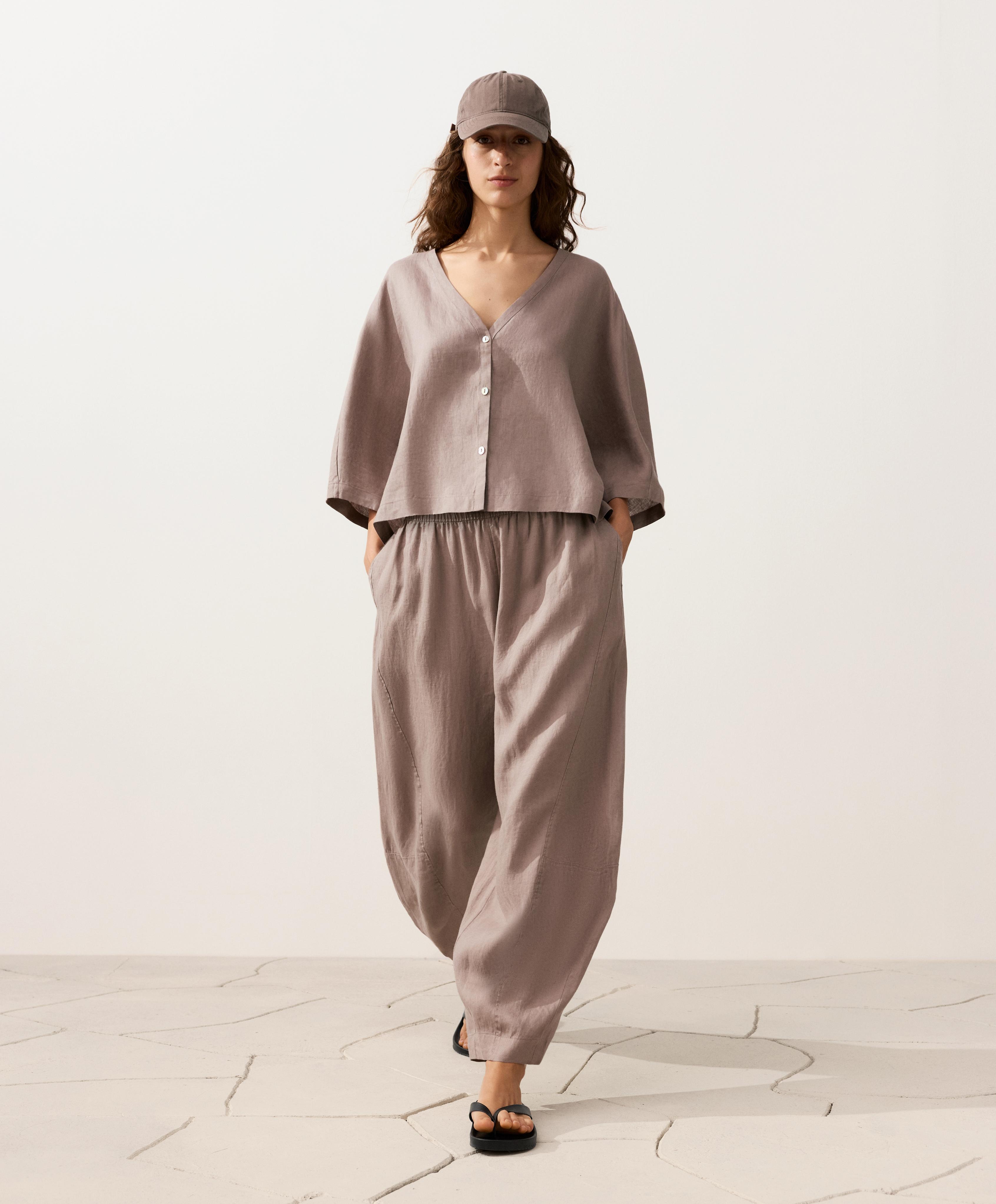 100% linen short-sleeve shirt — TAUPE-GREY