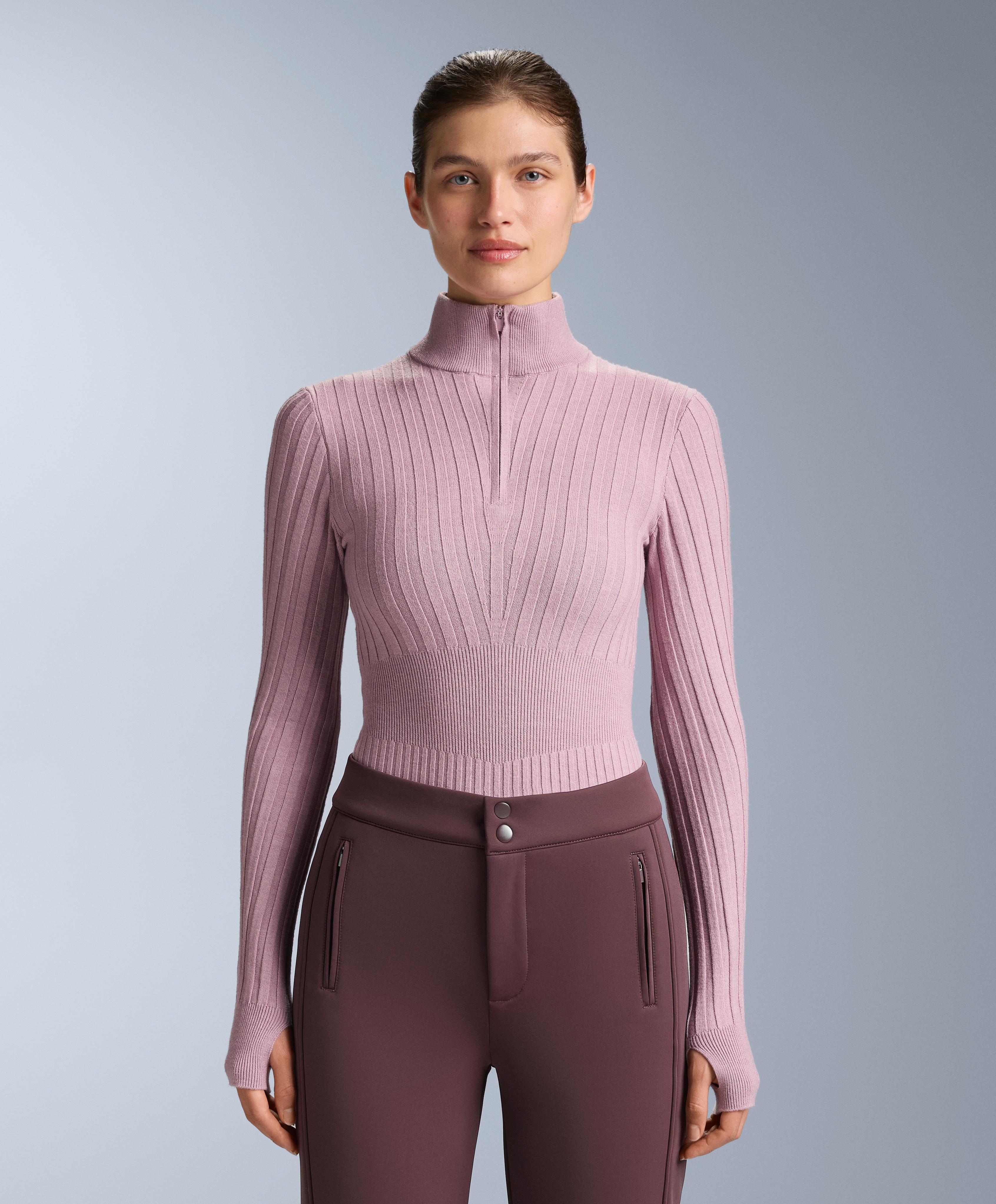 Thermal base layer rib knit T-shirt with peak — PINK-MAUVE