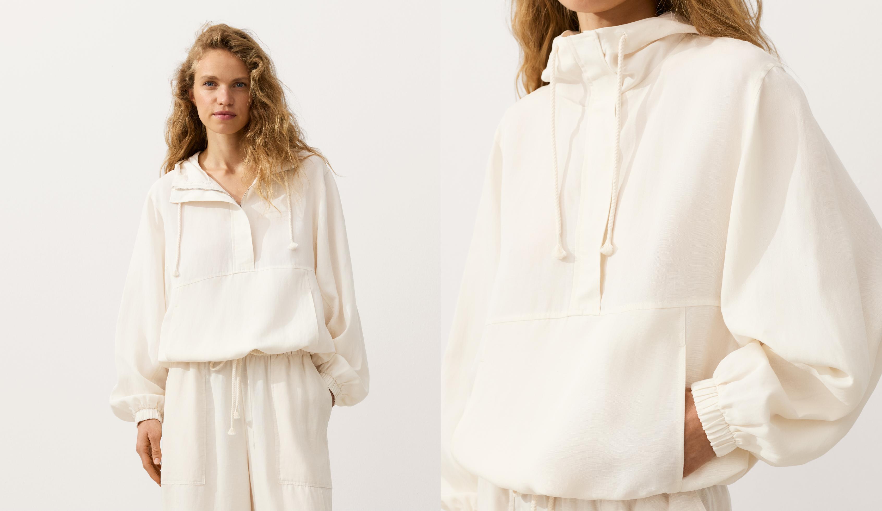Half-zip sweatshirt with front pocket, lyocell and 24% linen blend — PALE ECRU