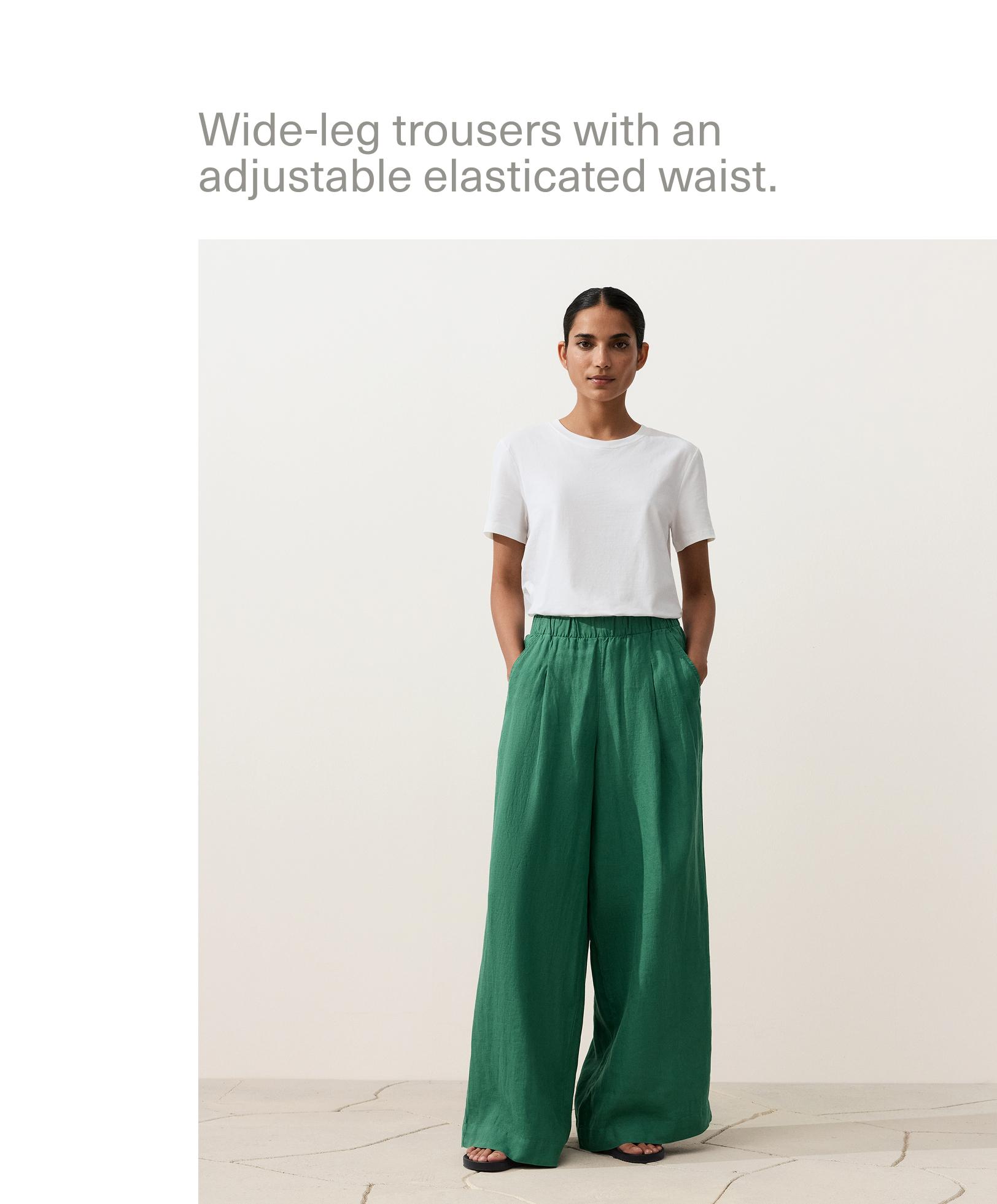100% linen wide-leg trousers — EMERALD GREEN