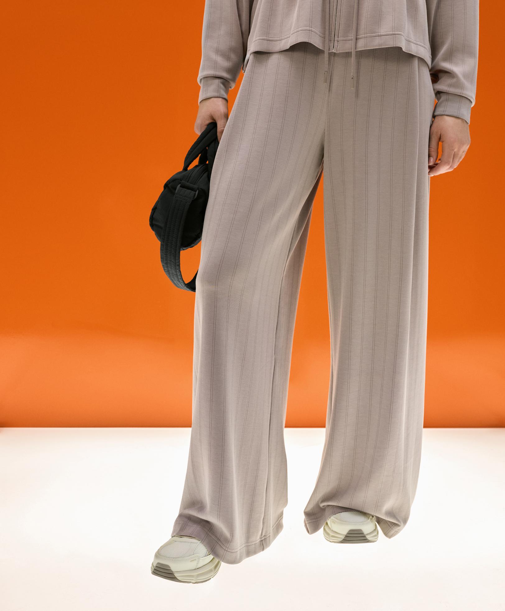 Wide-leg striped trousers with soft-touch modal — PALE TAUPE