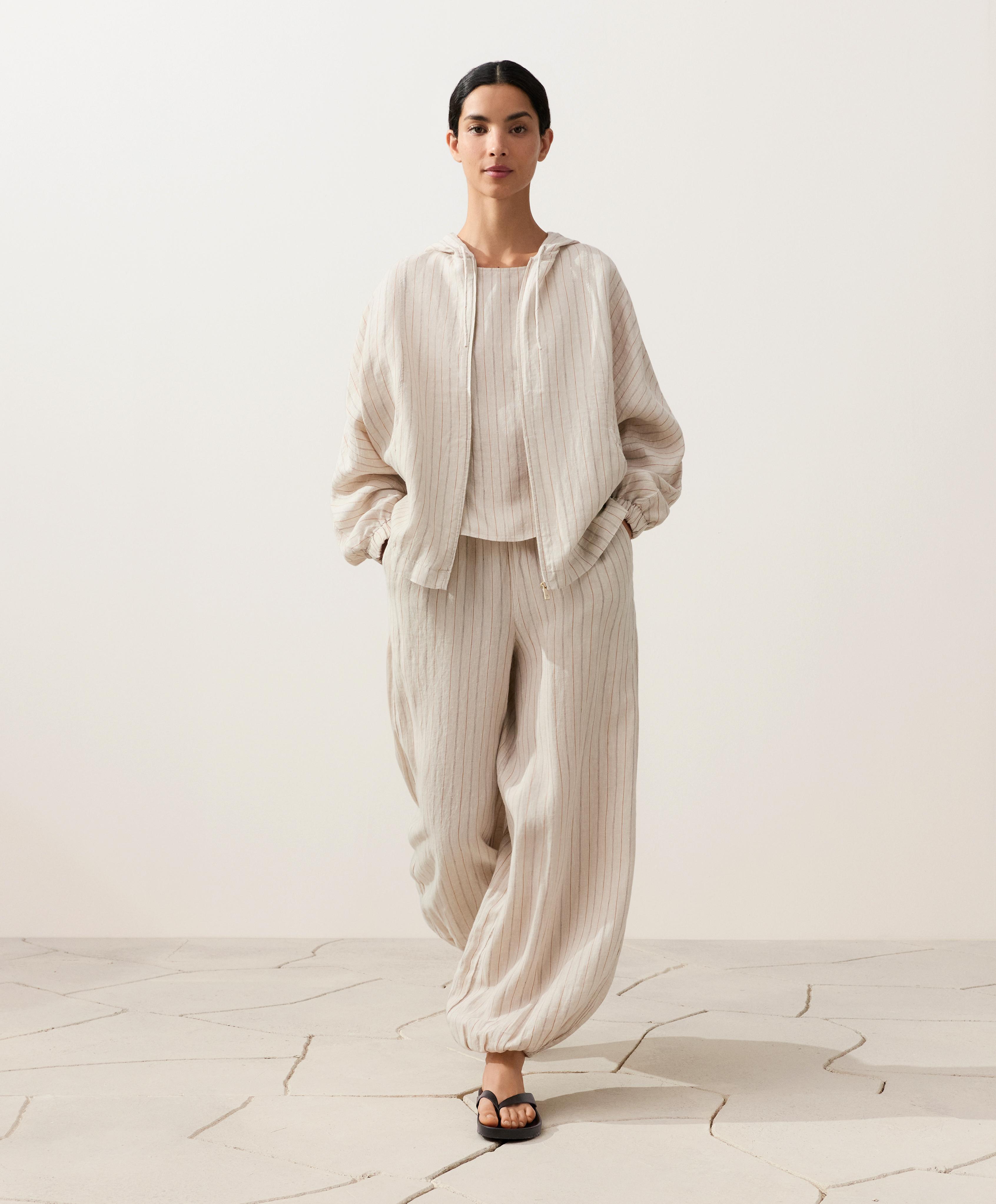 100% linen striped square top — SAND MELANGE