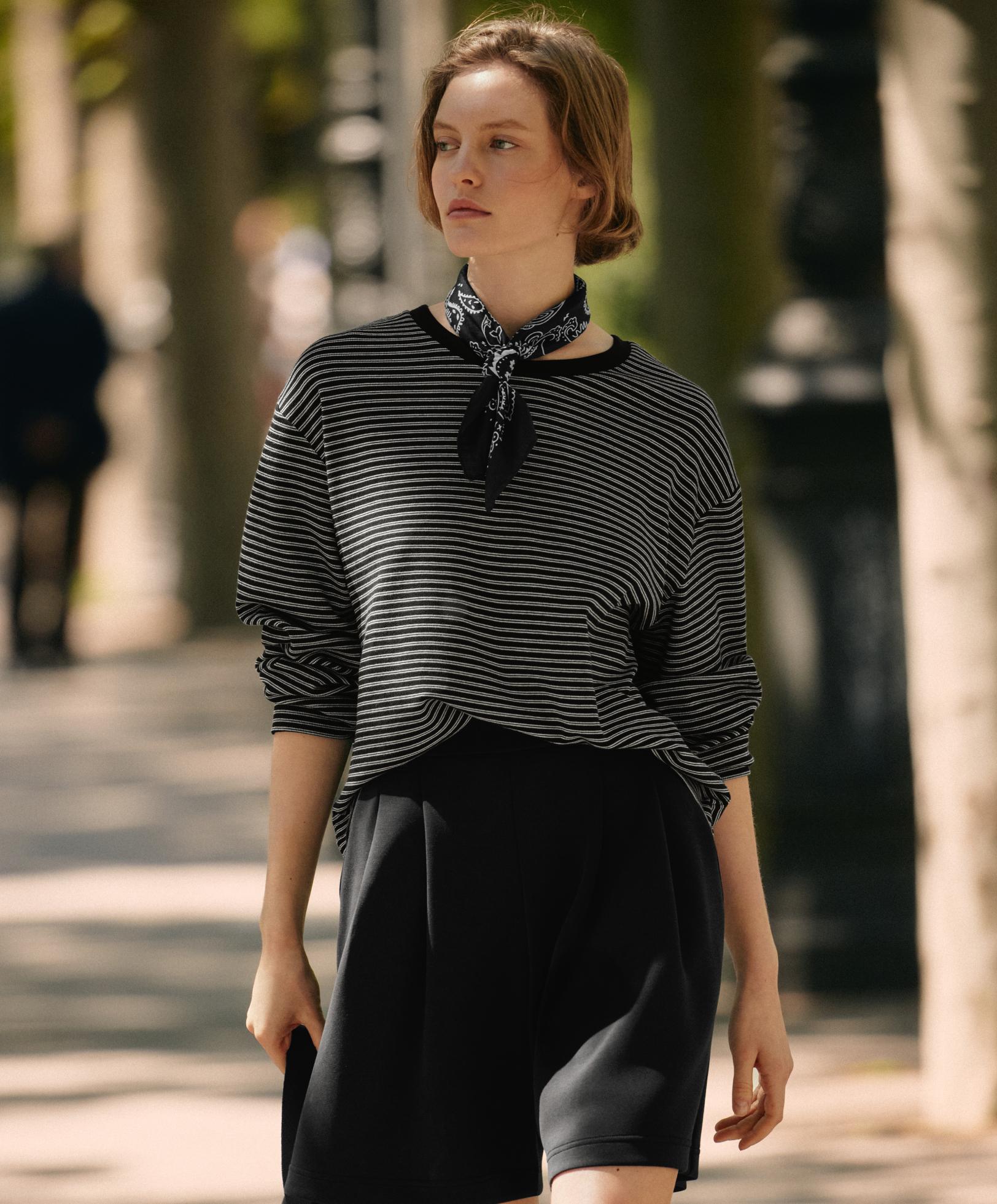 Маица со долги ракави со двојни риги од мешавина од памук