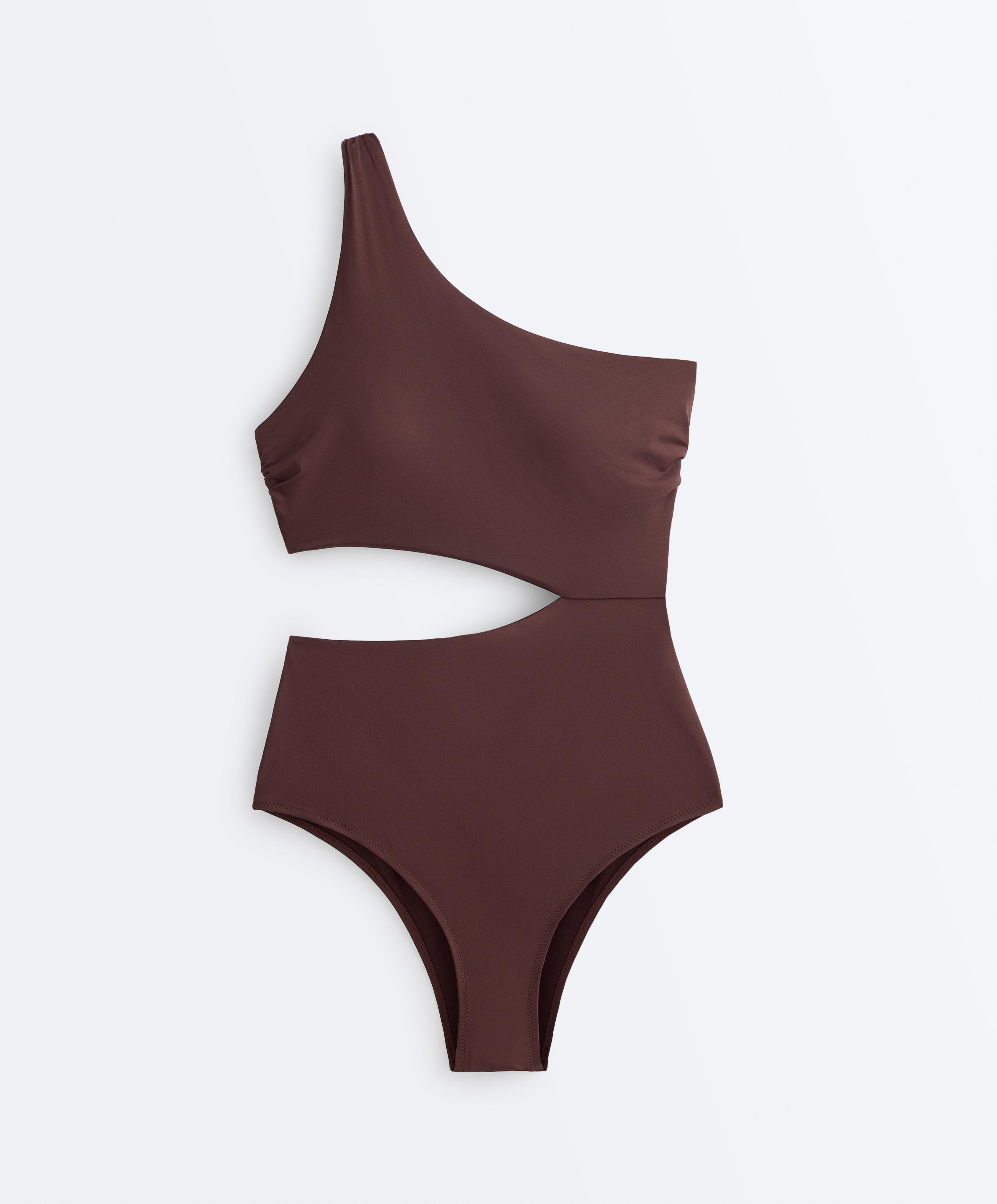 Asymmetric strap trikini — CHOCOLATE