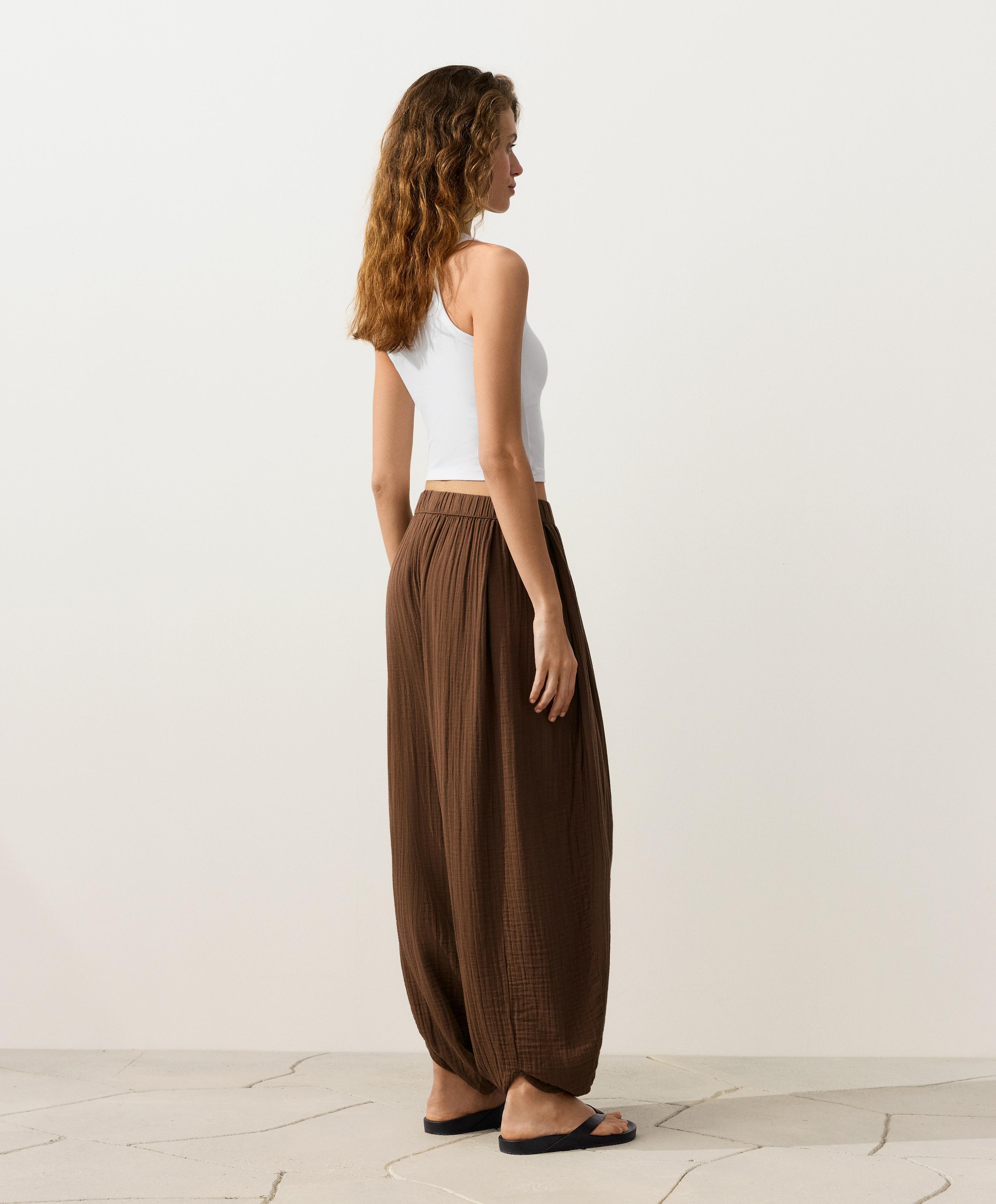 100% cotton muslin balloon trousers — TAN