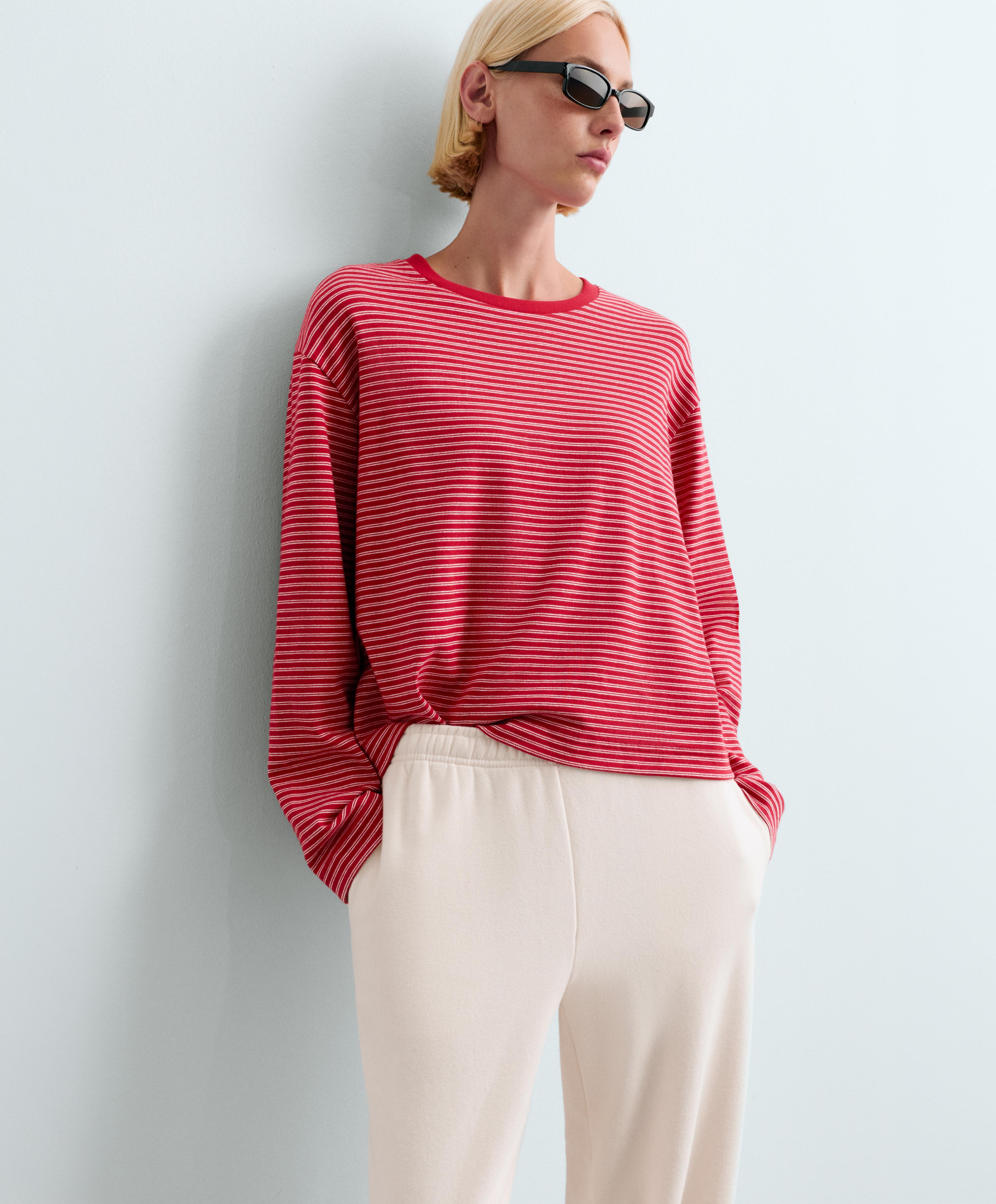 Striped boxy long-sleeved cotton-blend T-shirt — RED