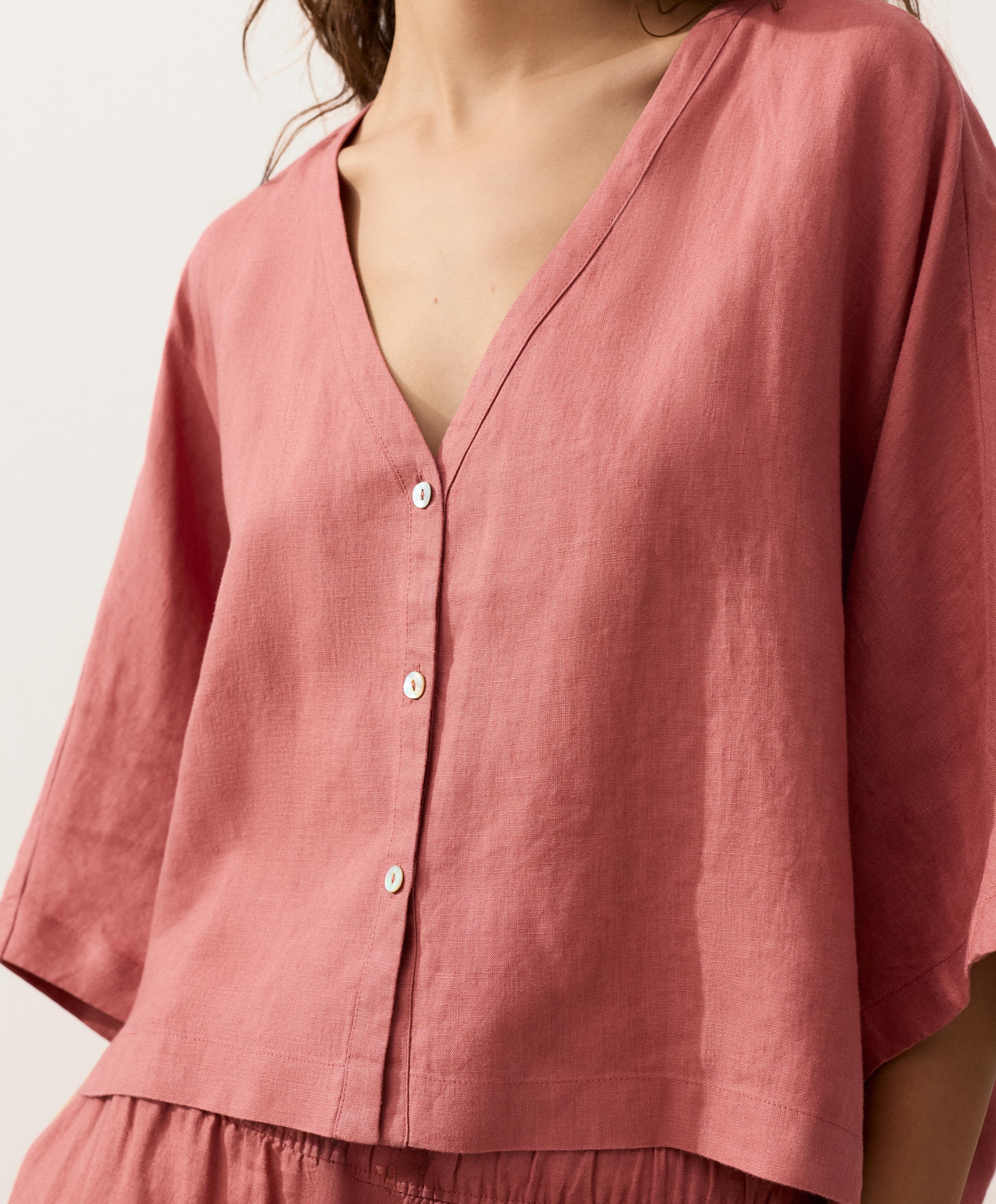 100% linen short-sleeve shirt — CORAL