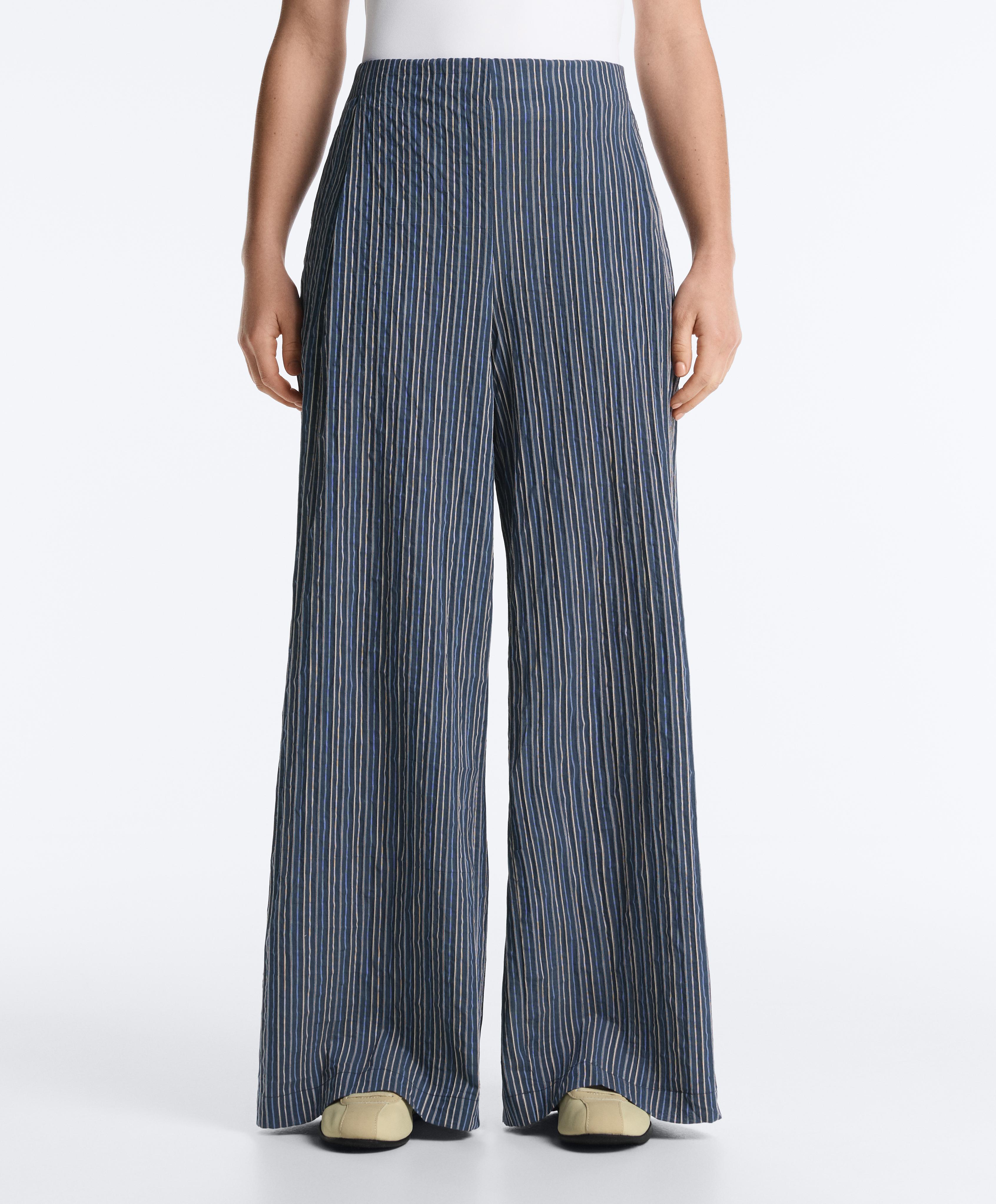 Wide leg cotton blend stripe trousers — DARK NAVY