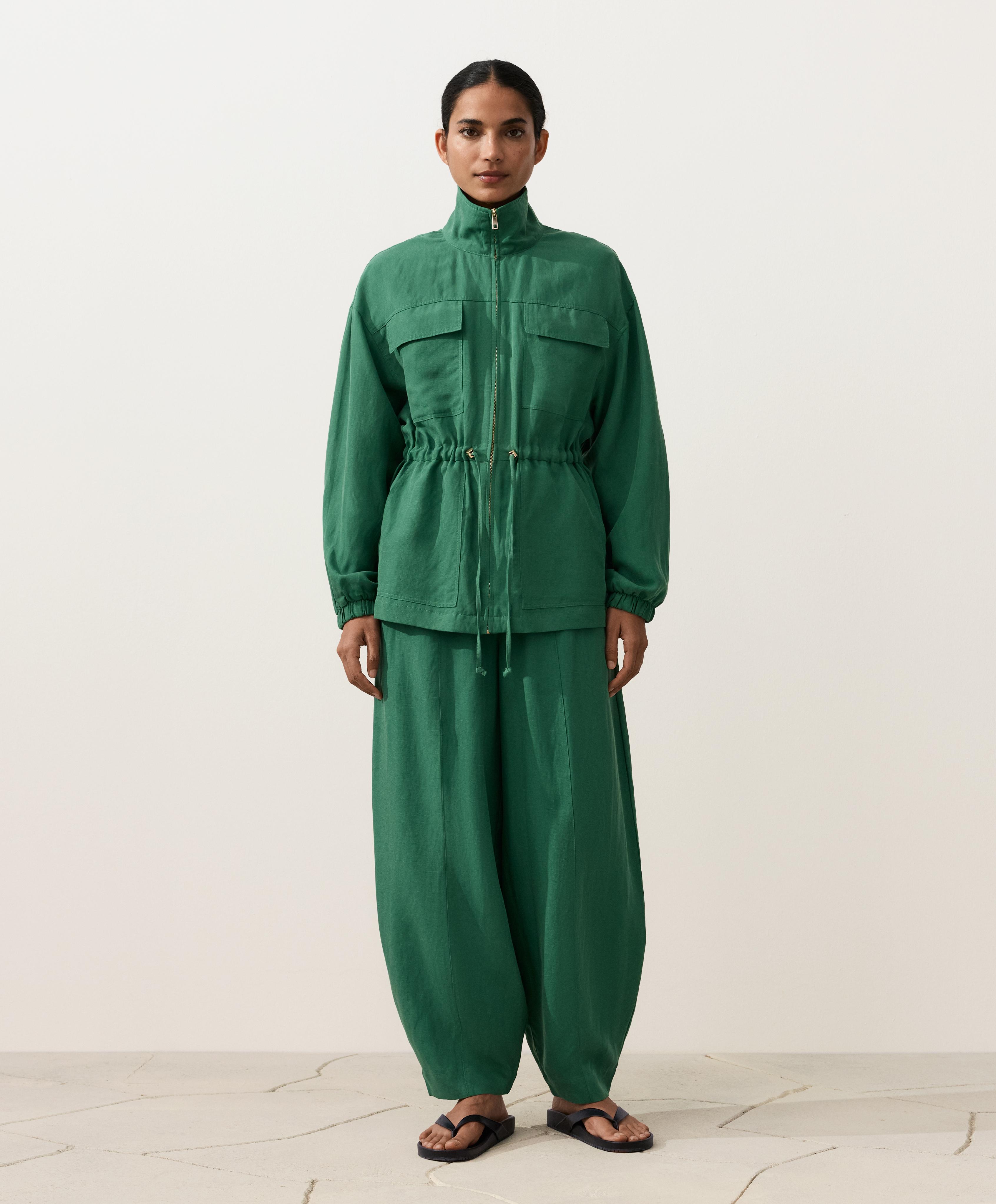 Lyocell and 24% linen blend ruched waist jacket — EMERALD GREEN