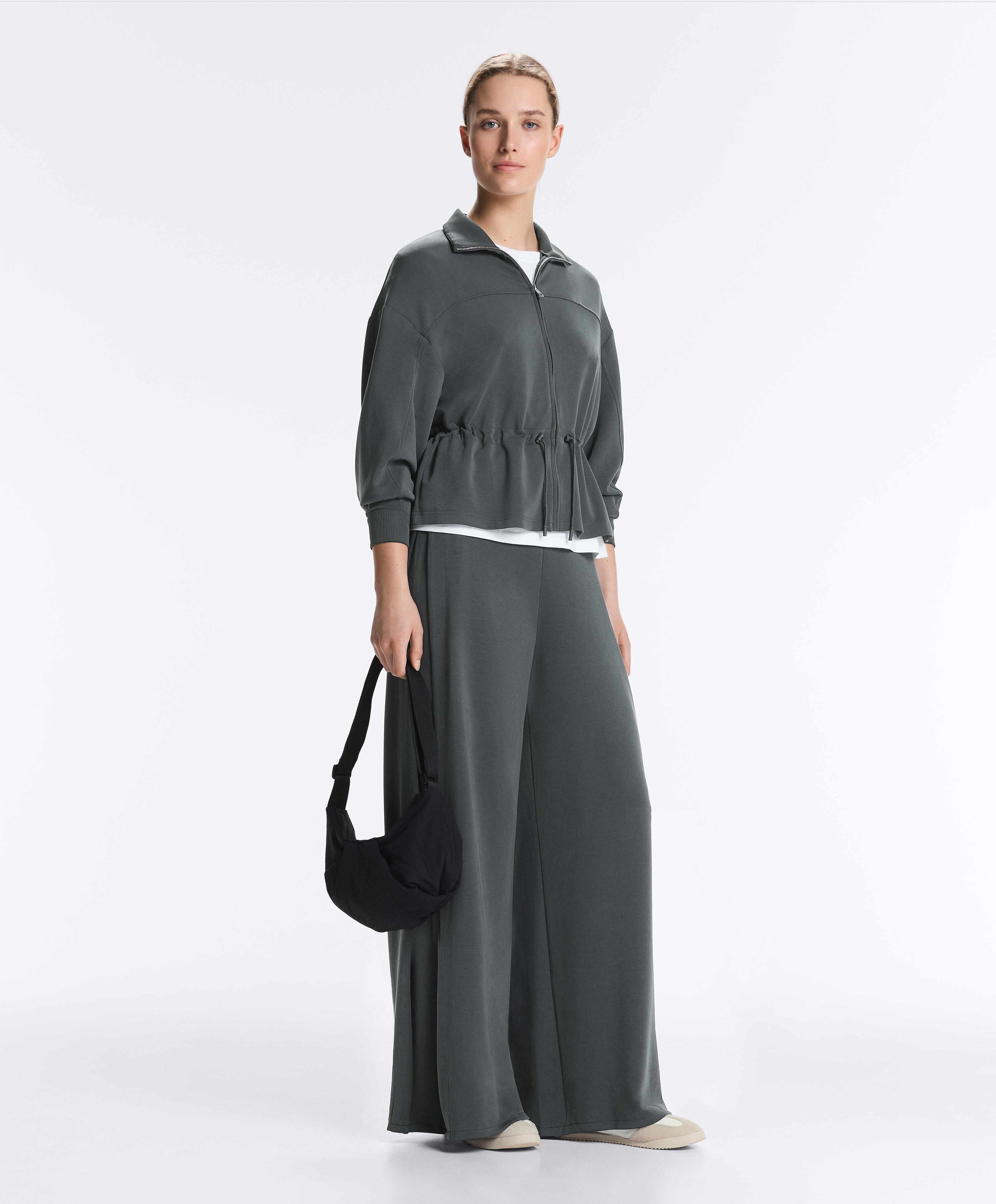 Soft-touch modal jacket with adjustable waist and high collar — ASPHALT