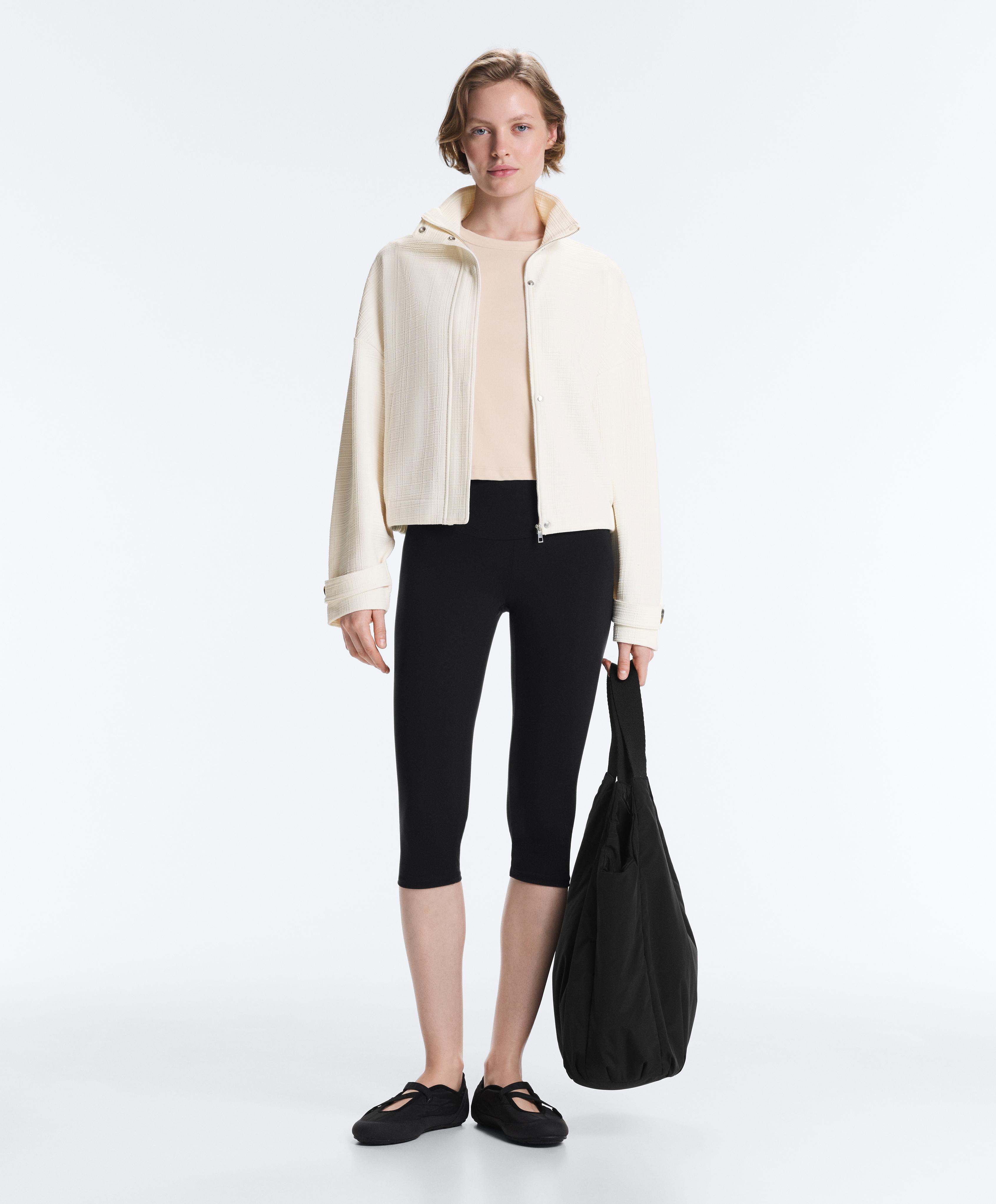 Cotton stripe texture cropped jacket — PALE ECRU