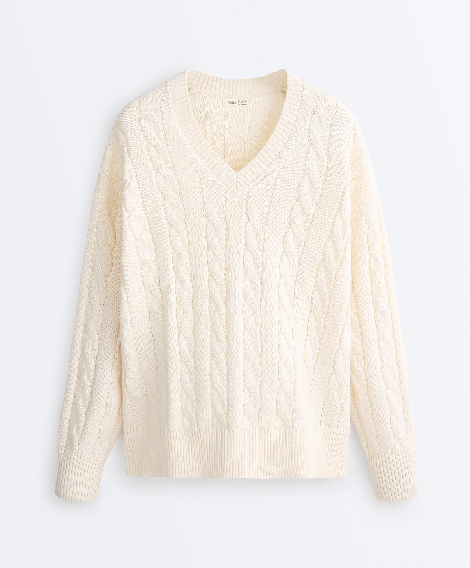 100% cotton cable knit V-neck jumper — PALE ECRU