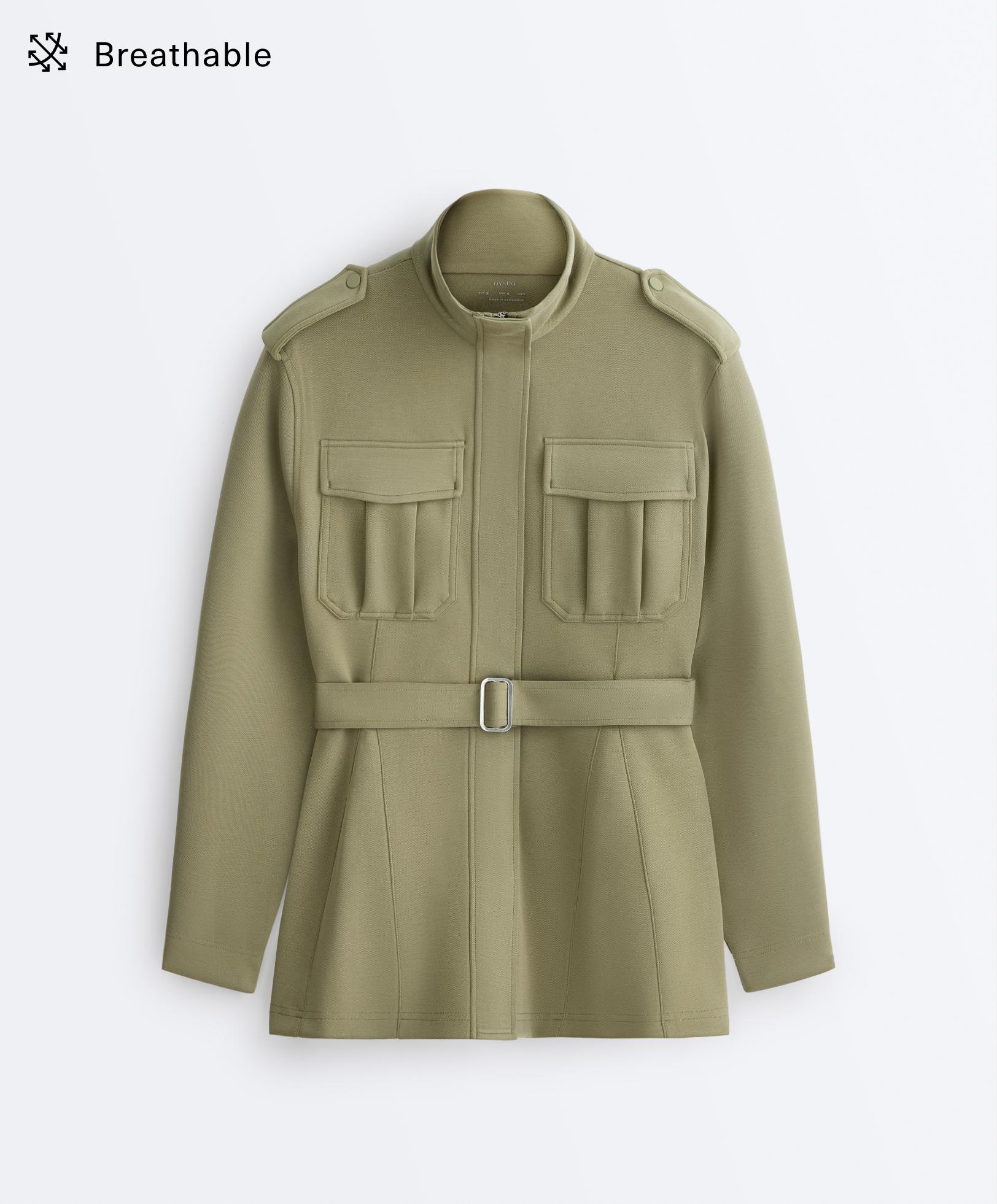 Long utility pique jacket with belt — YELLOW GREEN