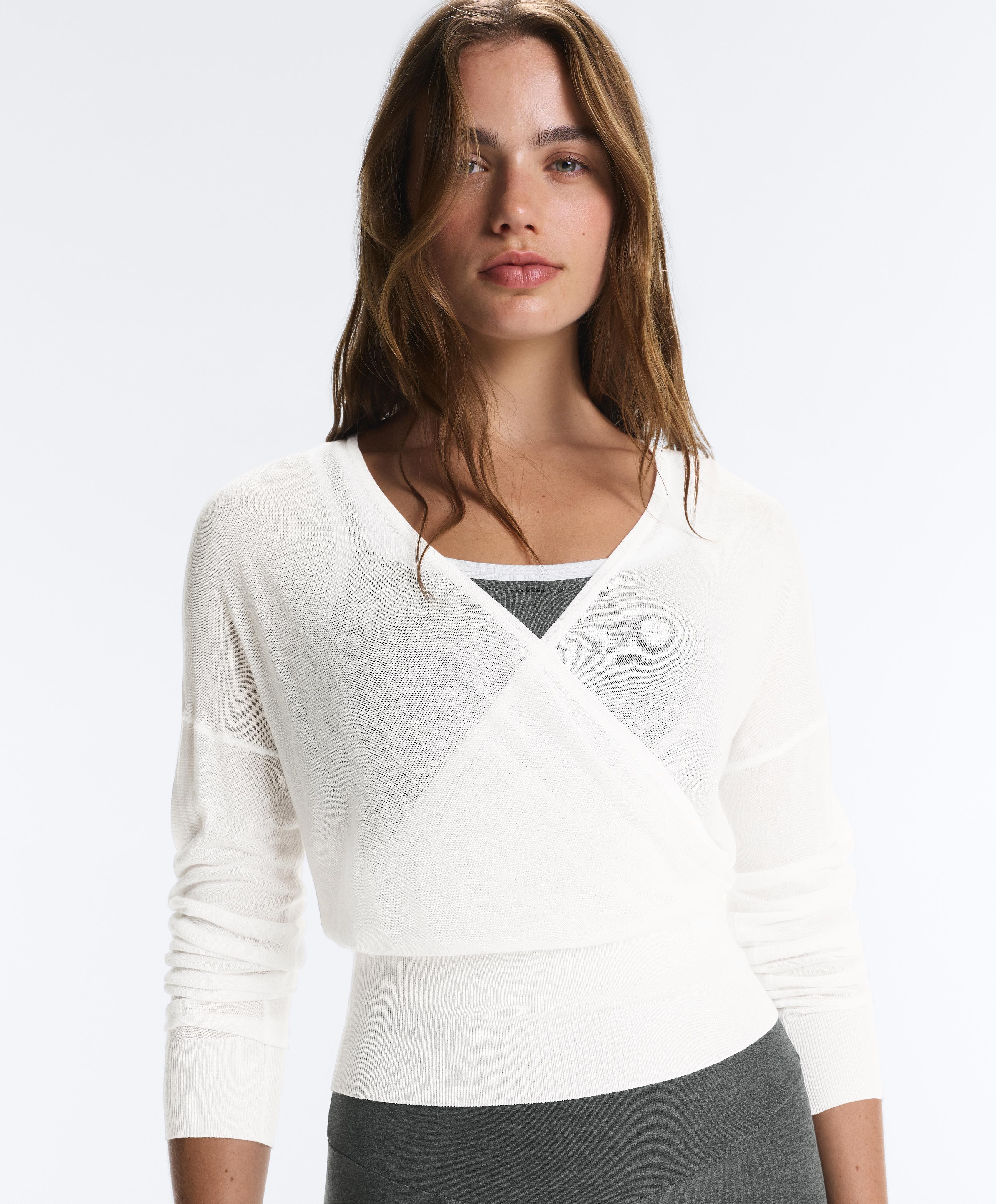 Lyocell blend sheer cross-over long sleeve T-shirt — WHITE
