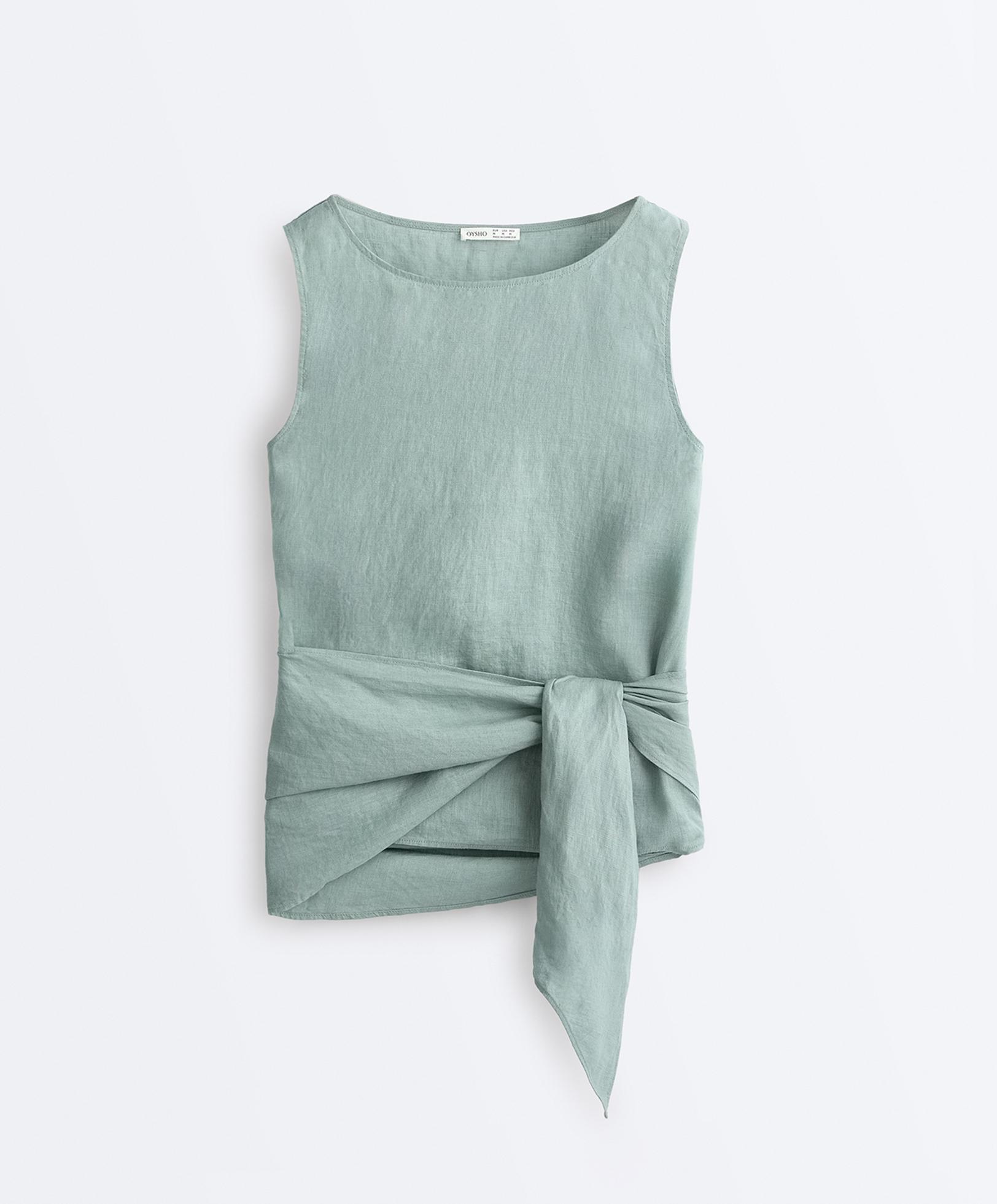 Sleeveless top with 100% linen scarf — AQUAMARINE