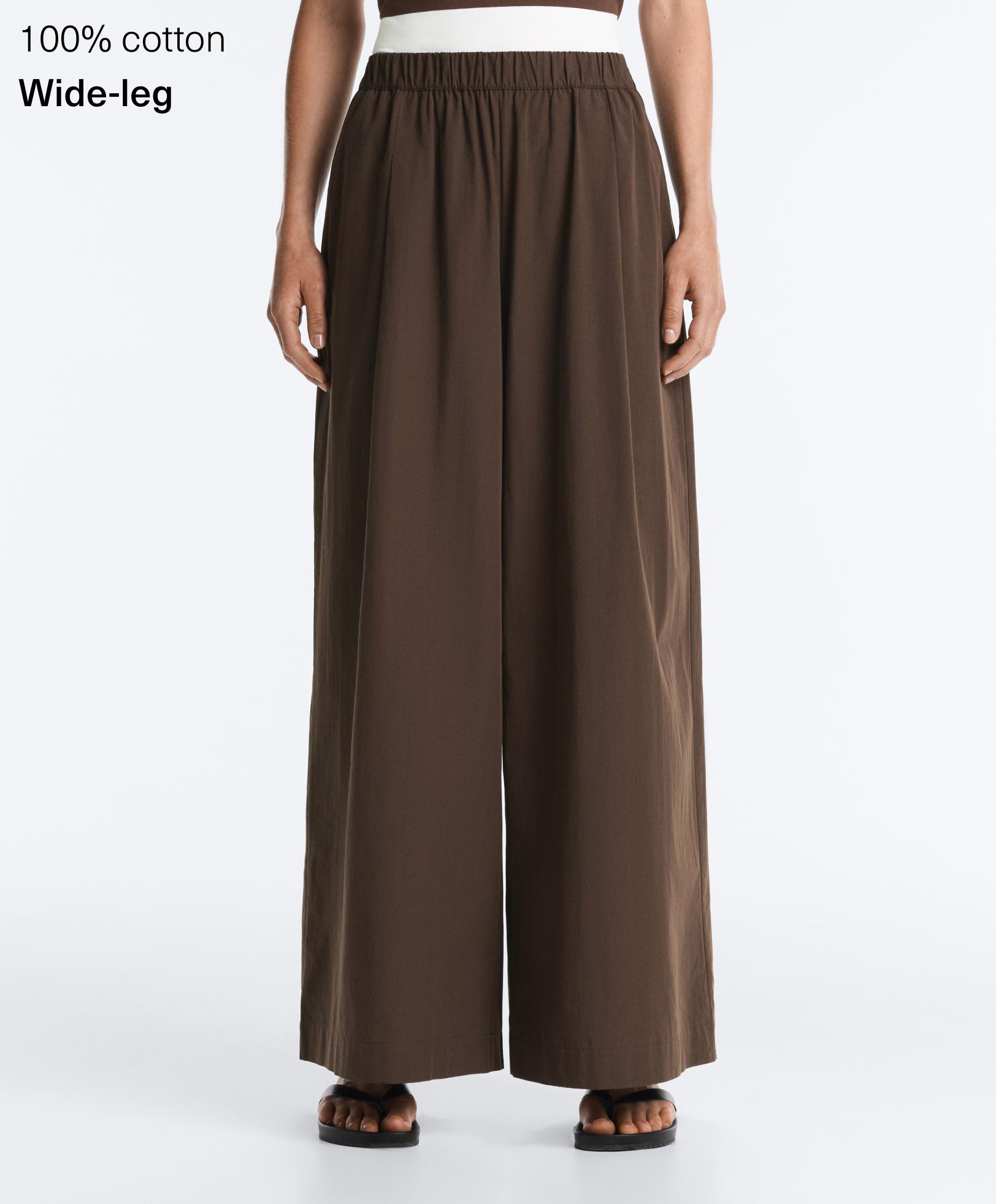 100% cotton poplin wide-leg trousers — DARK BROWN