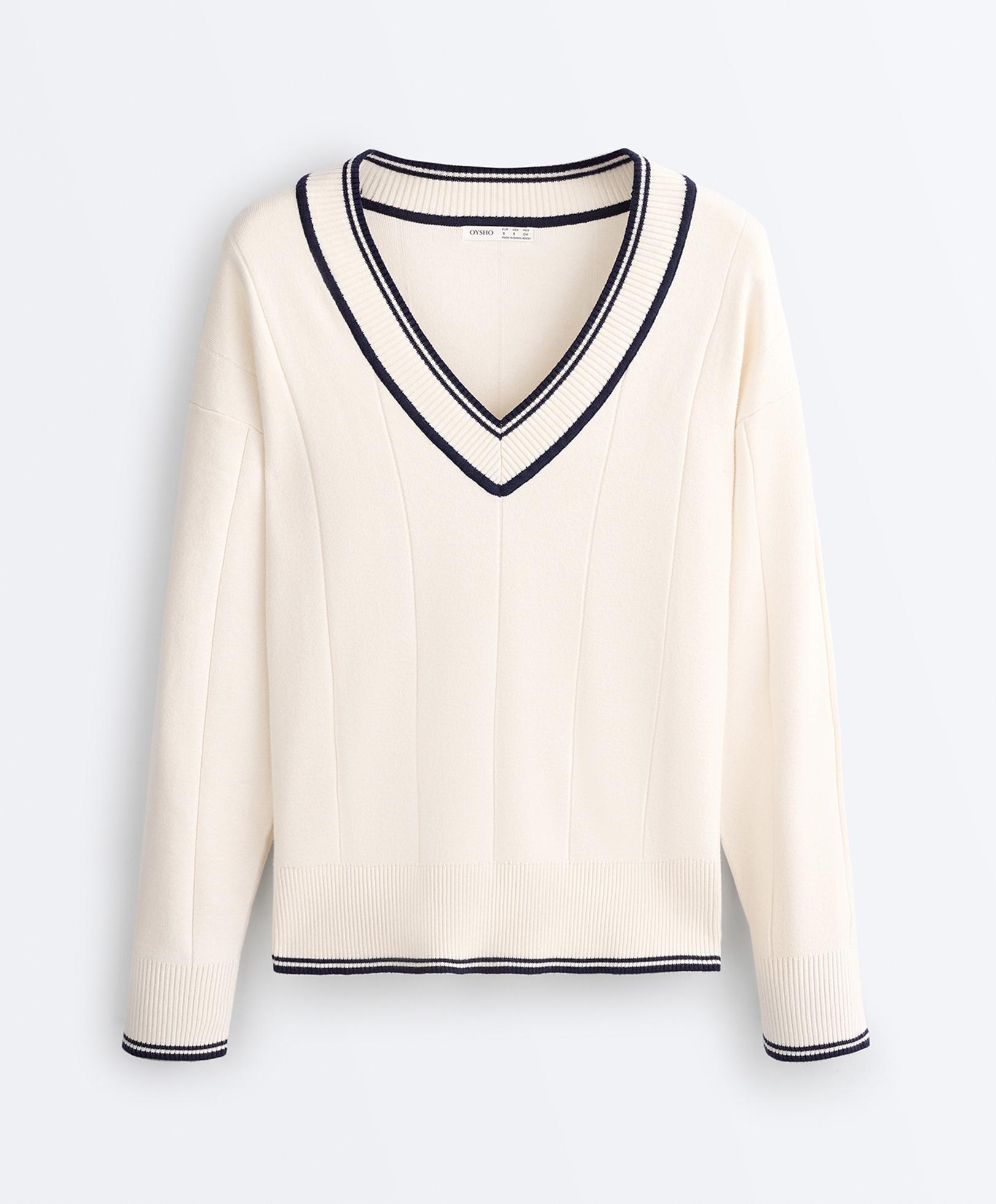 Contrast V-neck knit jumper — PALE ECRU