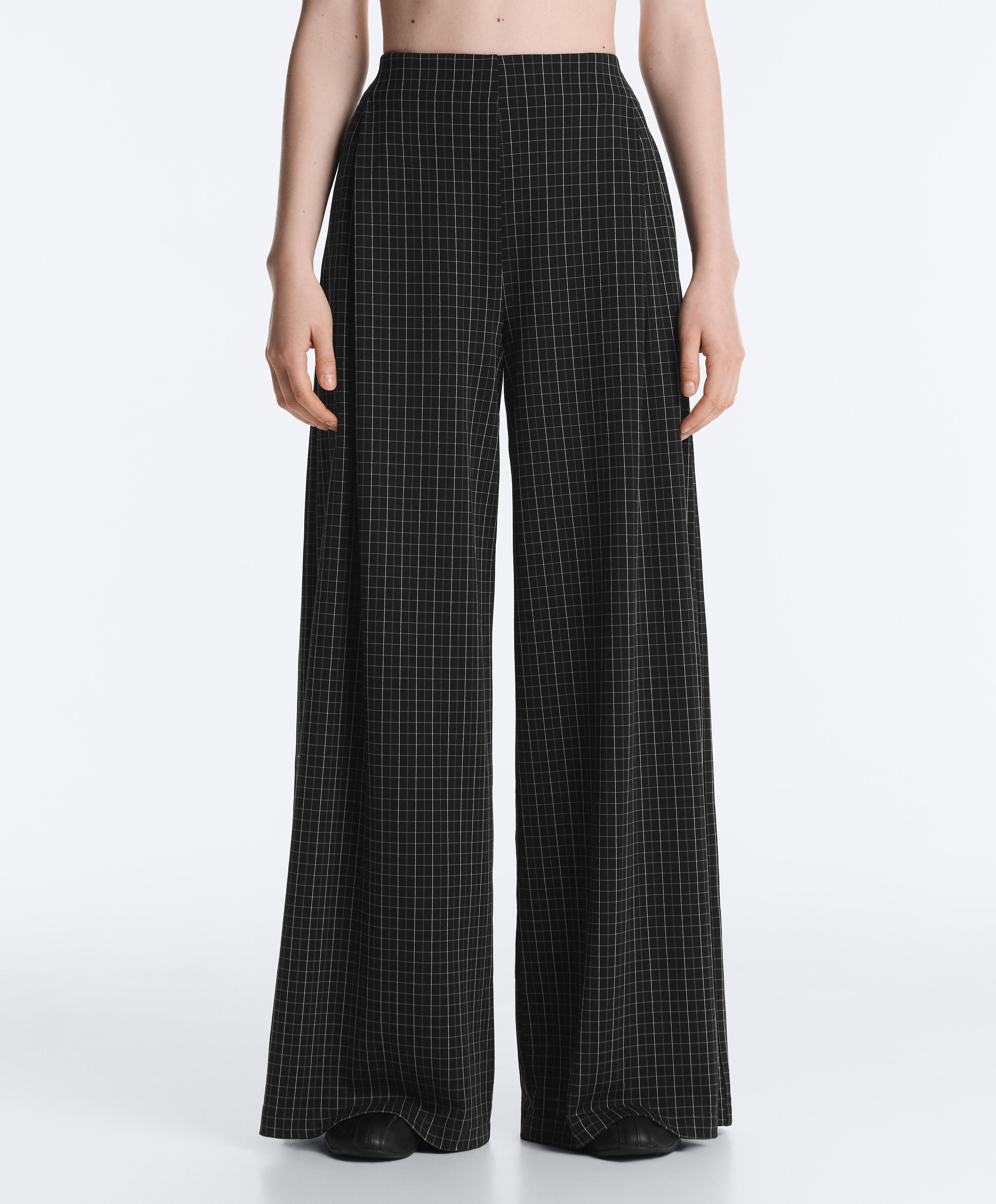 Wide-leg check trousers — BLACK