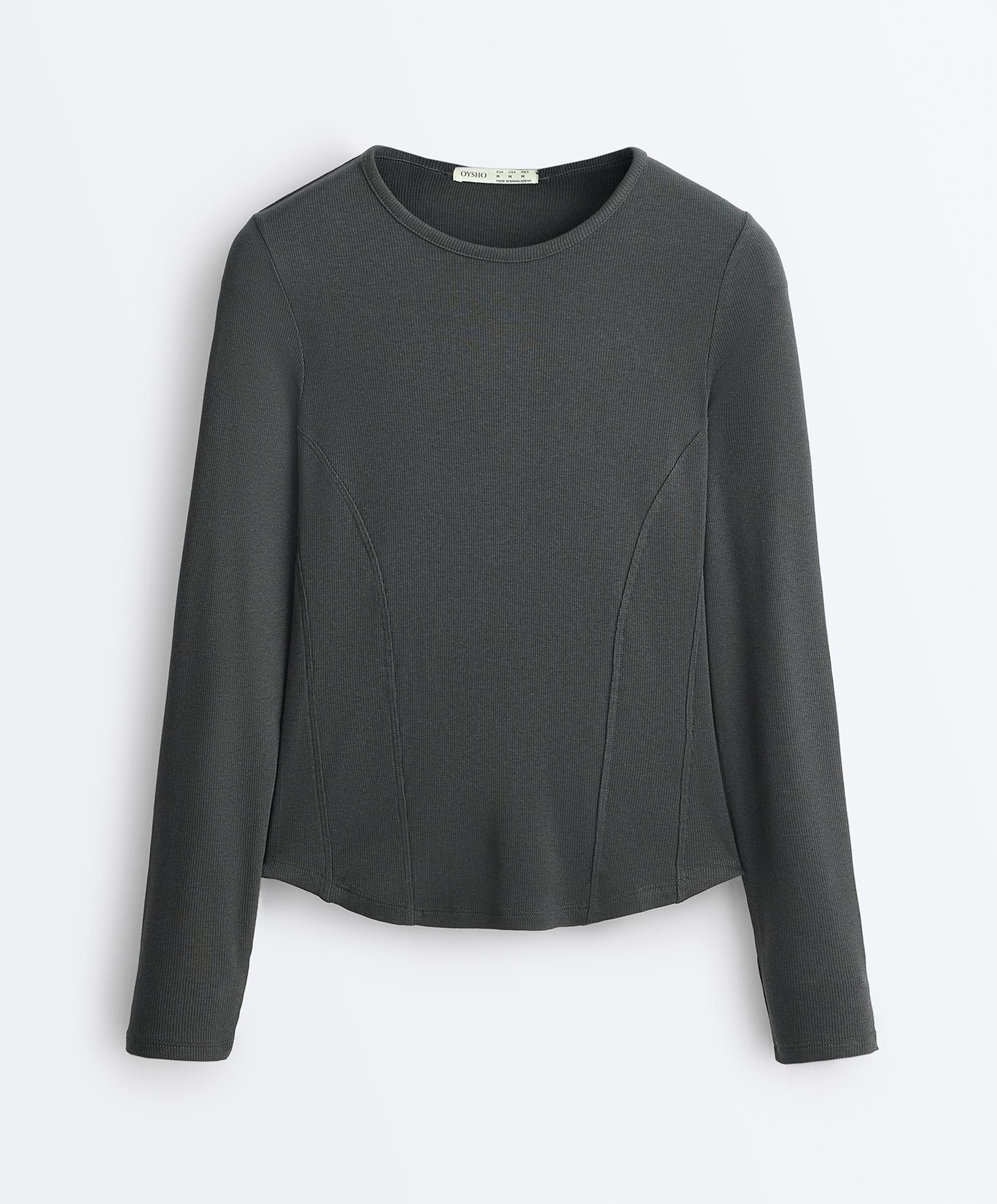 Fitted long sleeve rib T-shirt with cotton and modal — ASPHALT