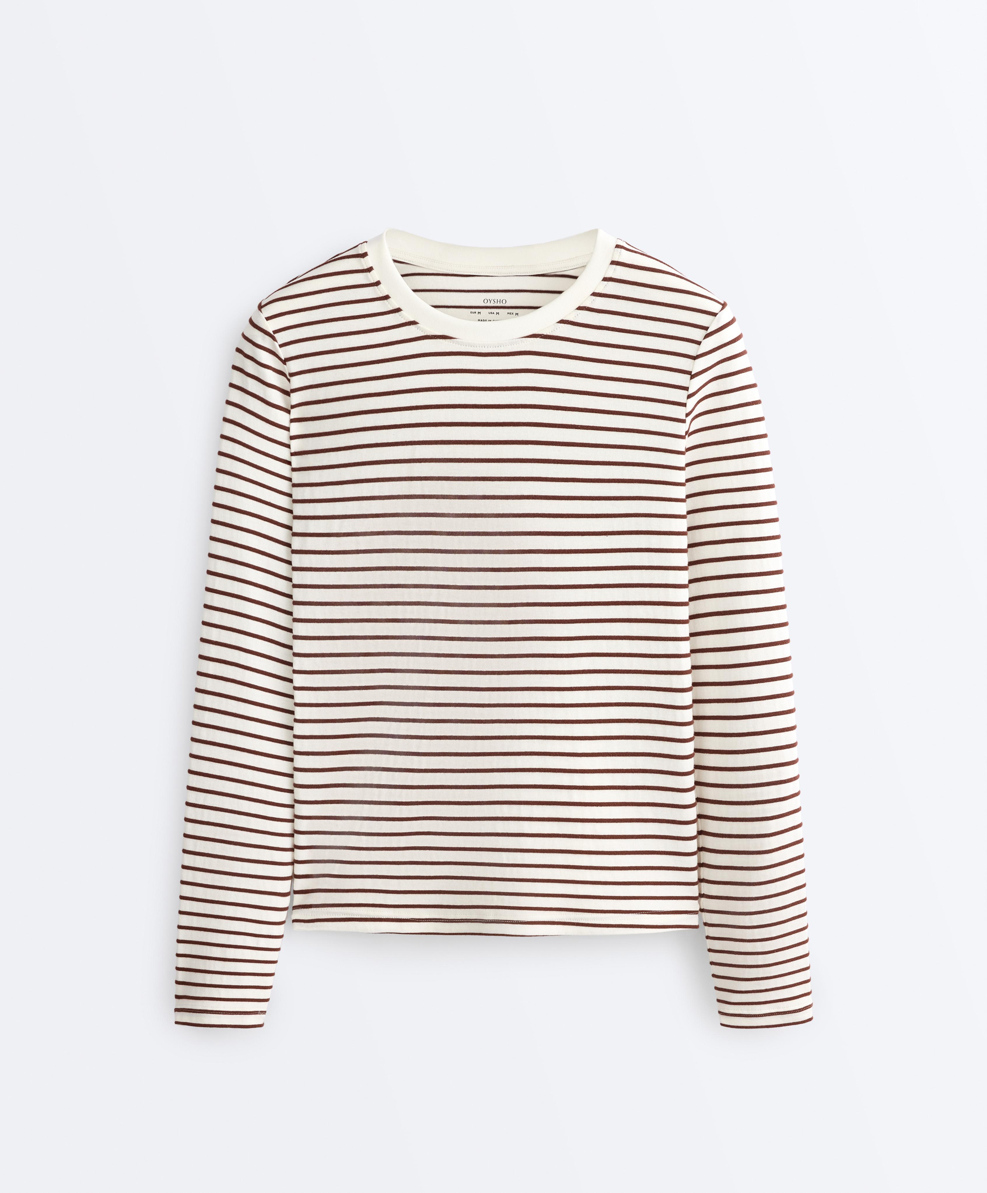 Regular fit long sleeve striped cotton blend T-shirt — BROWN