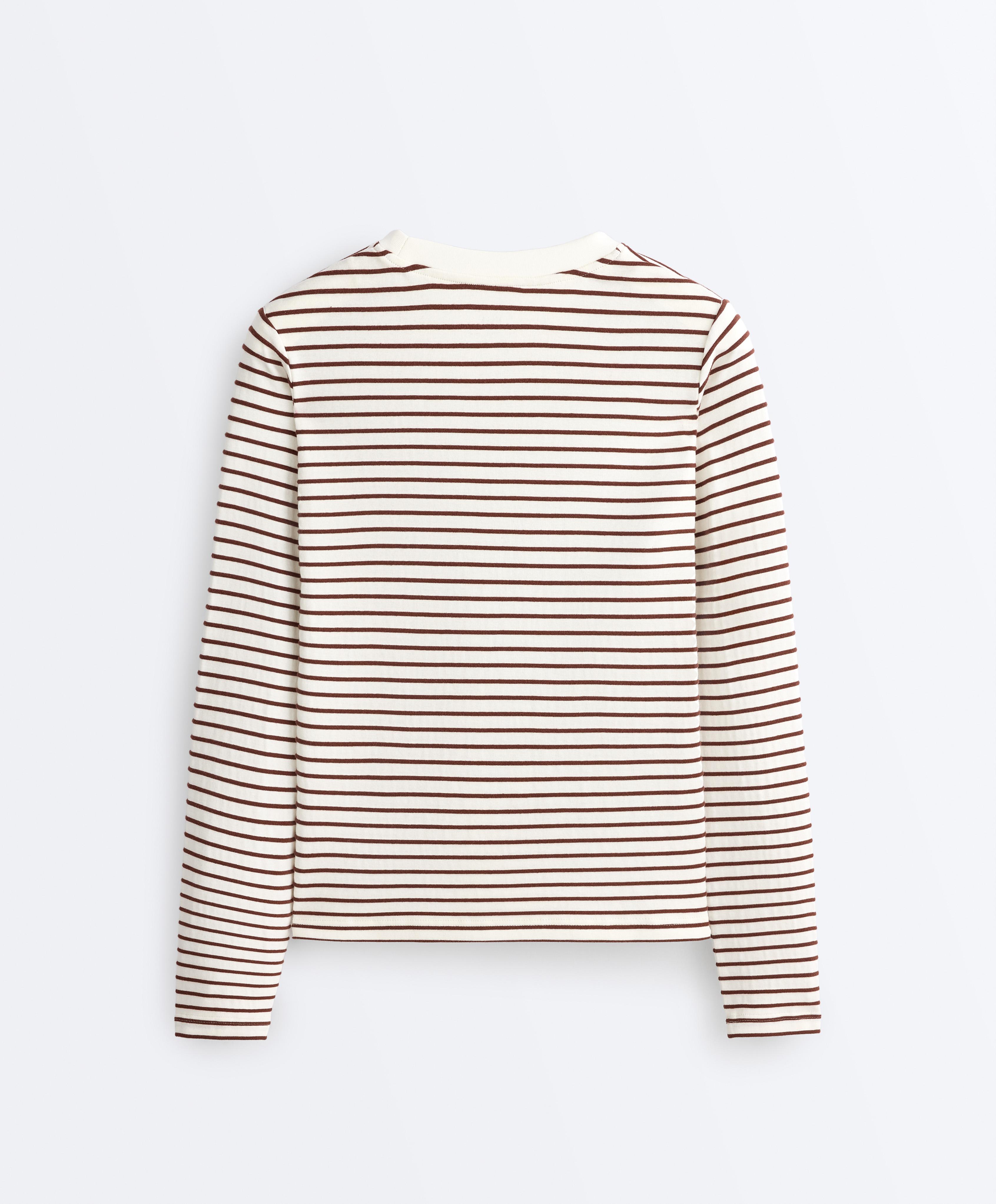 Regular fit long sleeve striped cotton blend T-shirt — BROWN
