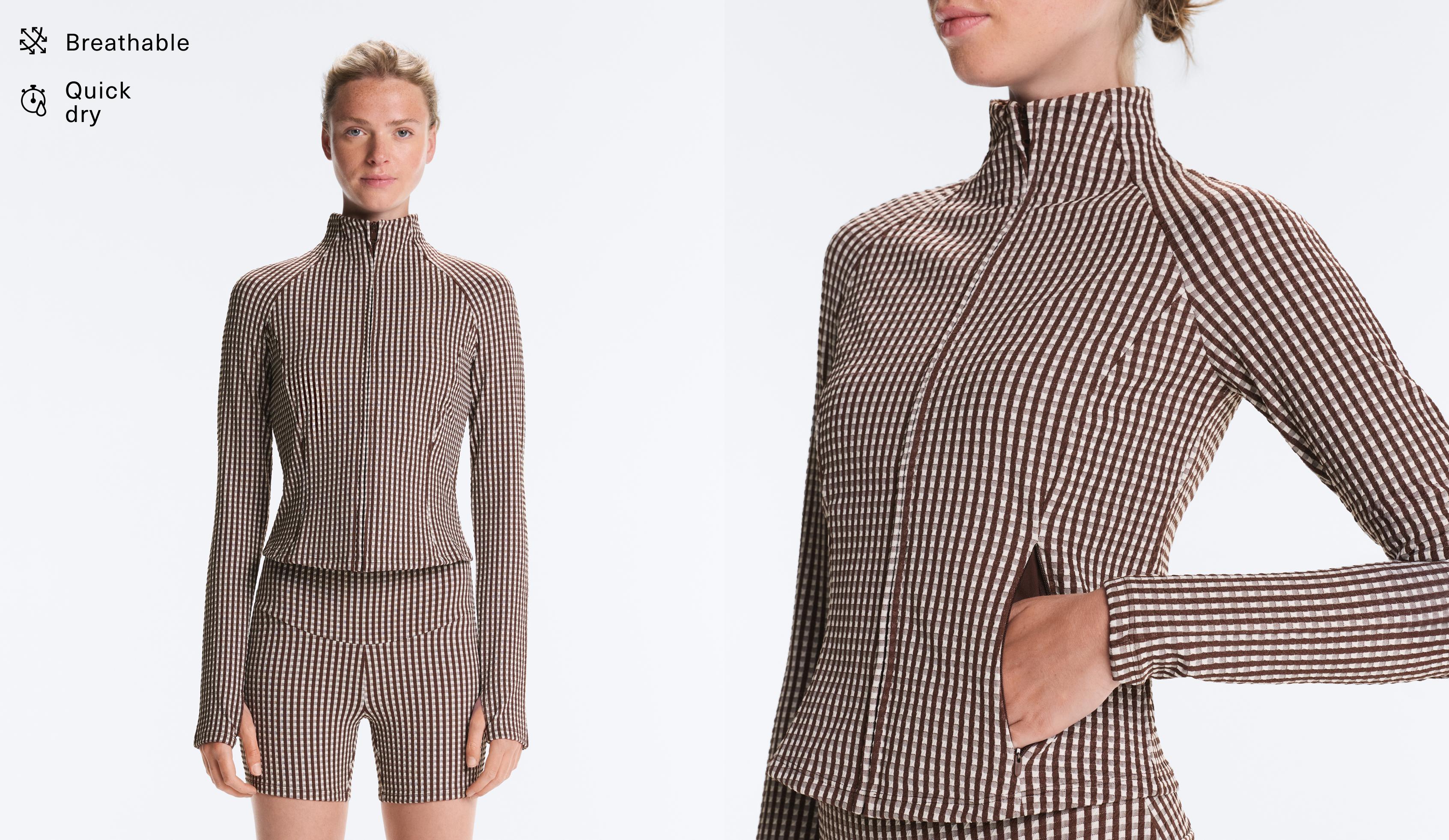 Gingham technical jacket — DARK REDDISH‑BROWN