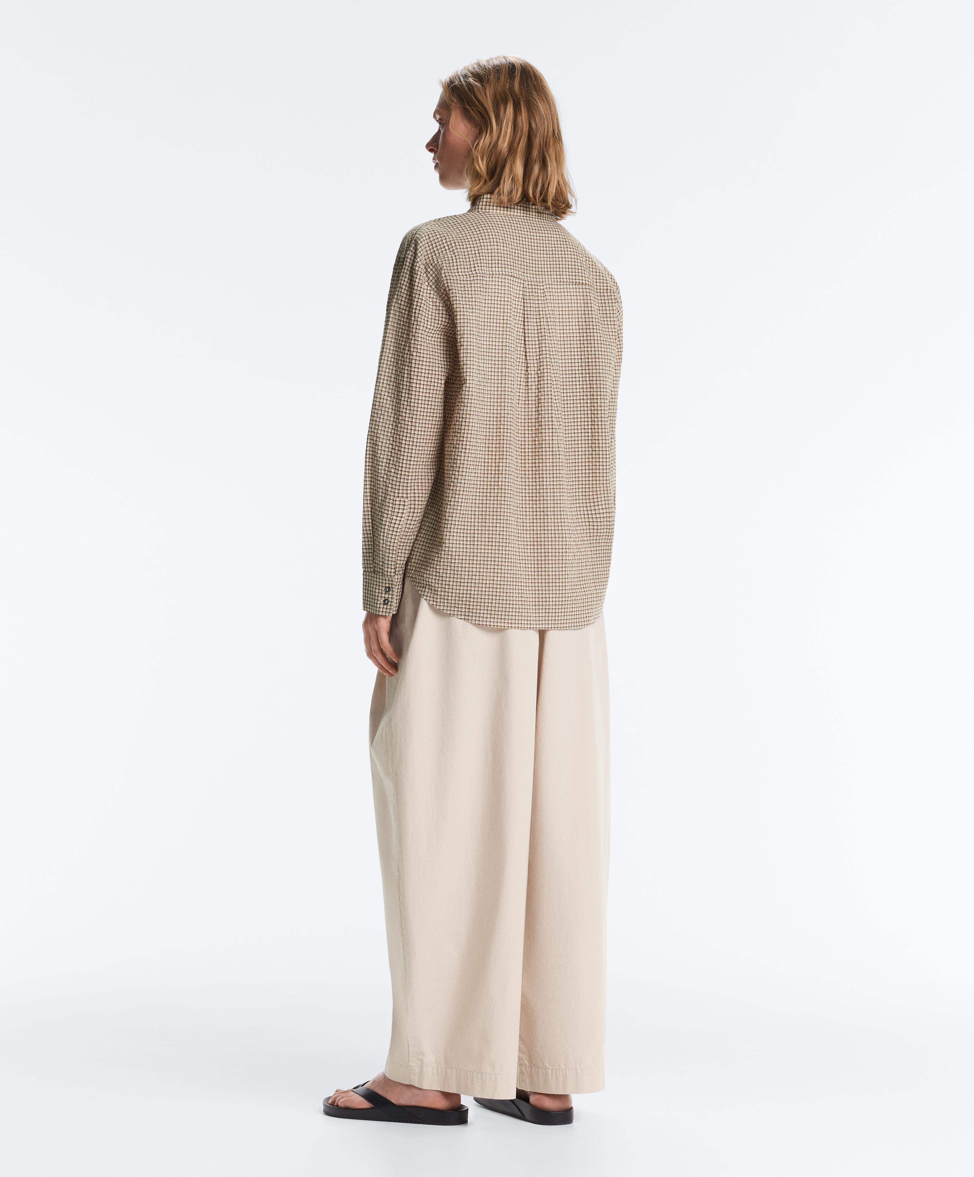 Check cotton blend stand-up collar shirt — BEIGE