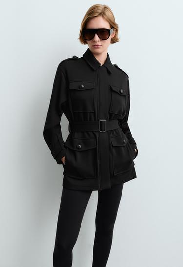 Long cotton piqué pockets jacket — BLACK 3