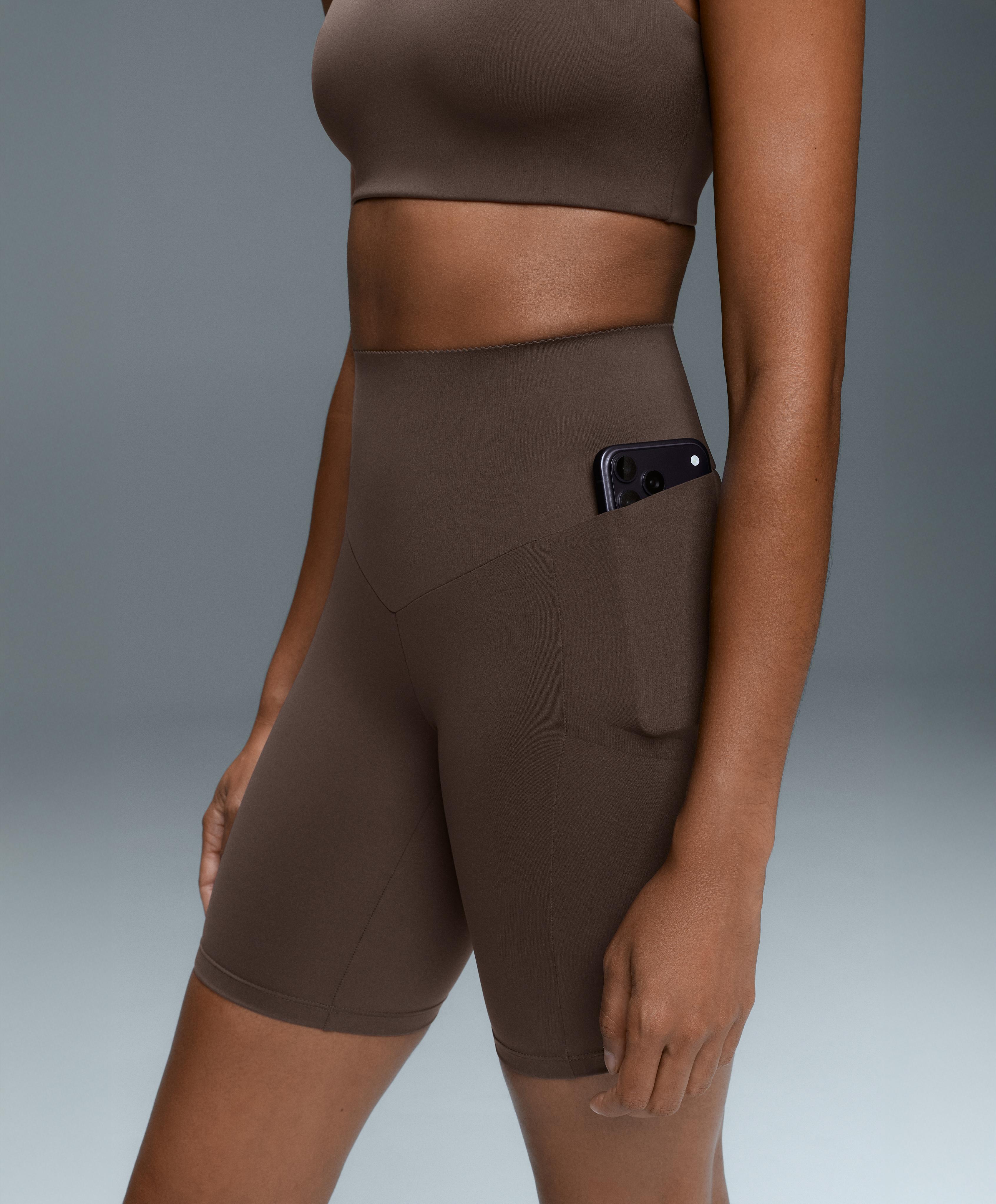 Compressive 20cm high-waisted cycle leggings with pockets — BROWN