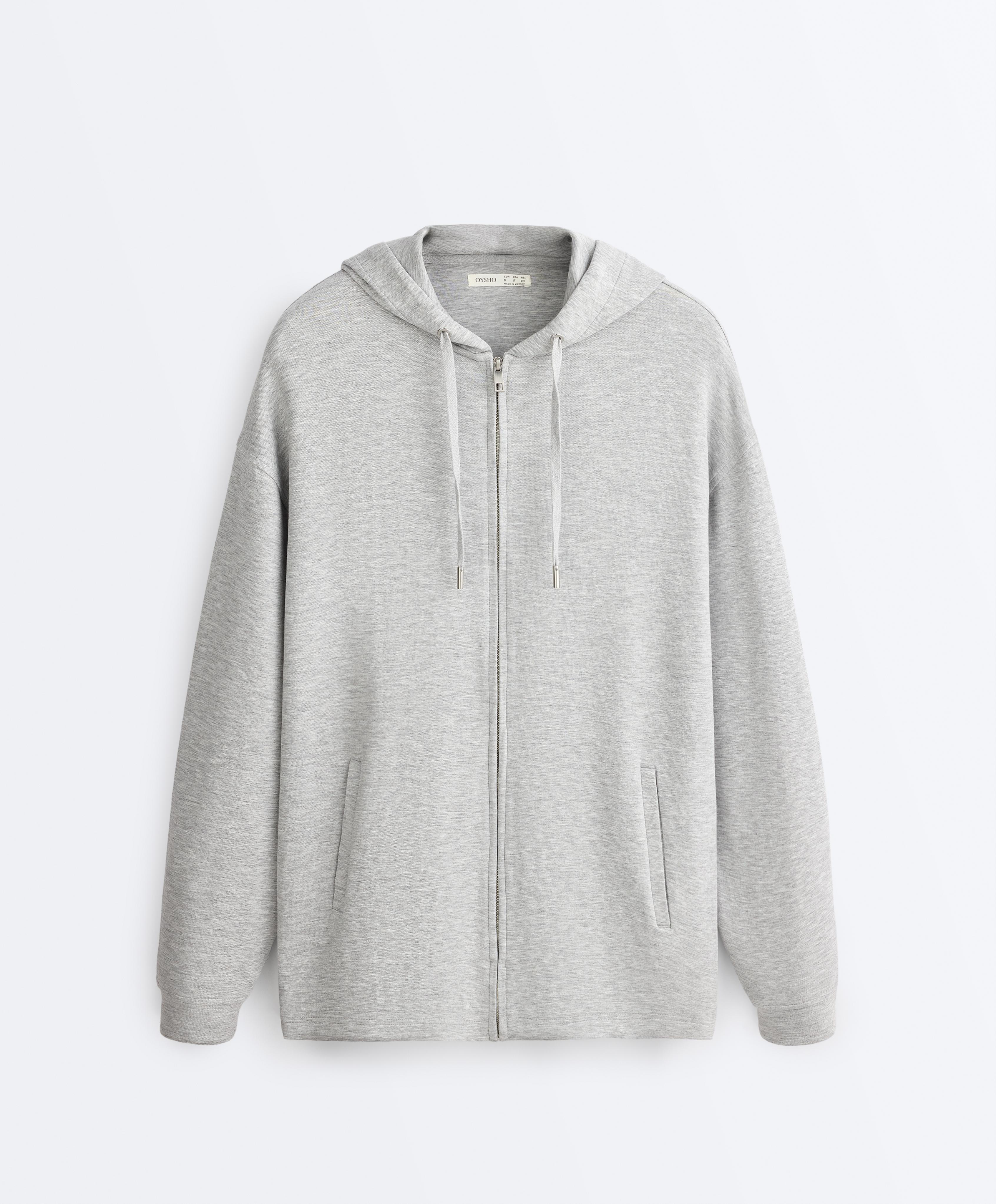 Long melange piqué hooded jacket — GREY MELANGE