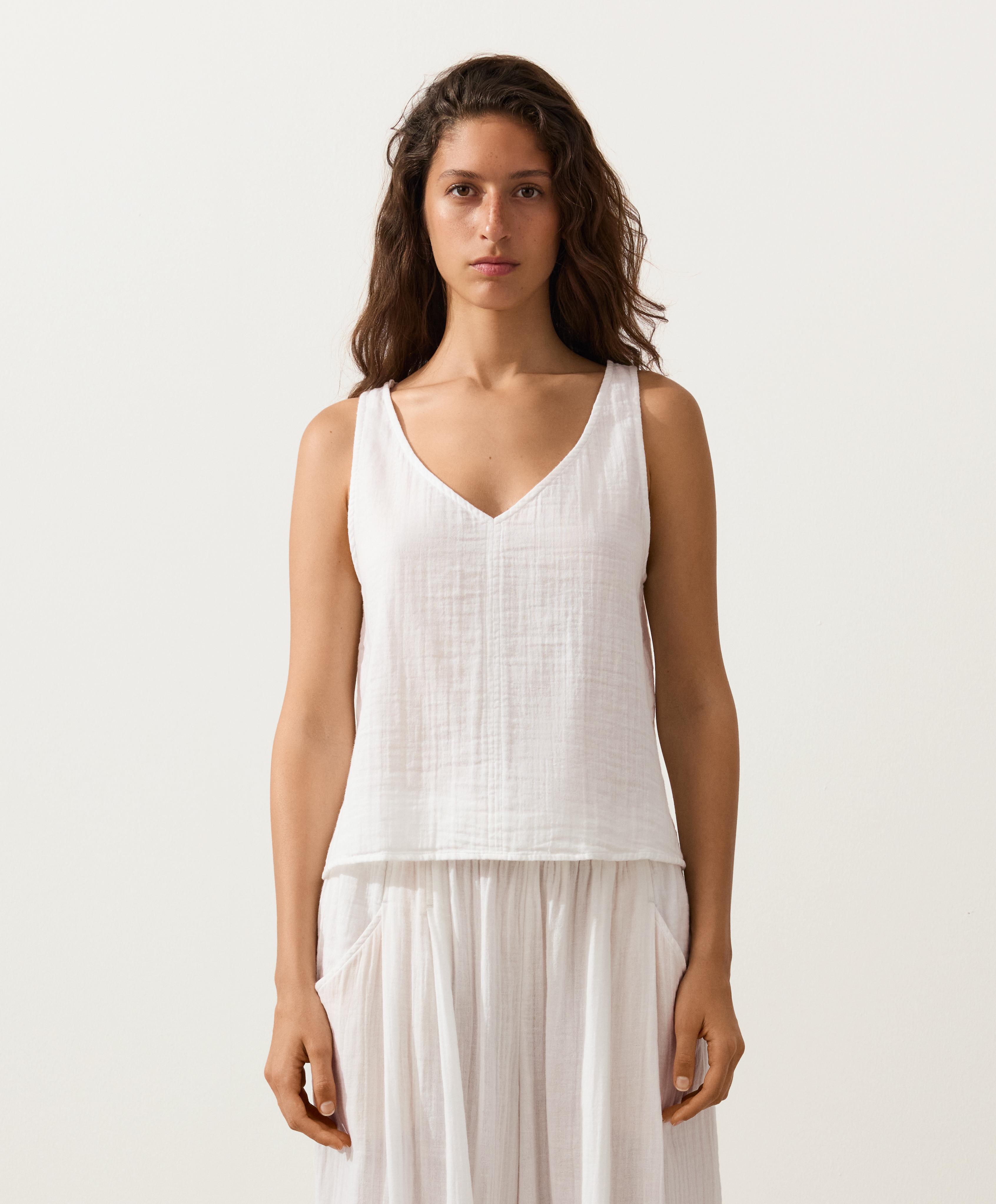 100% cotton gauze V-neck strappy top — WHITE 