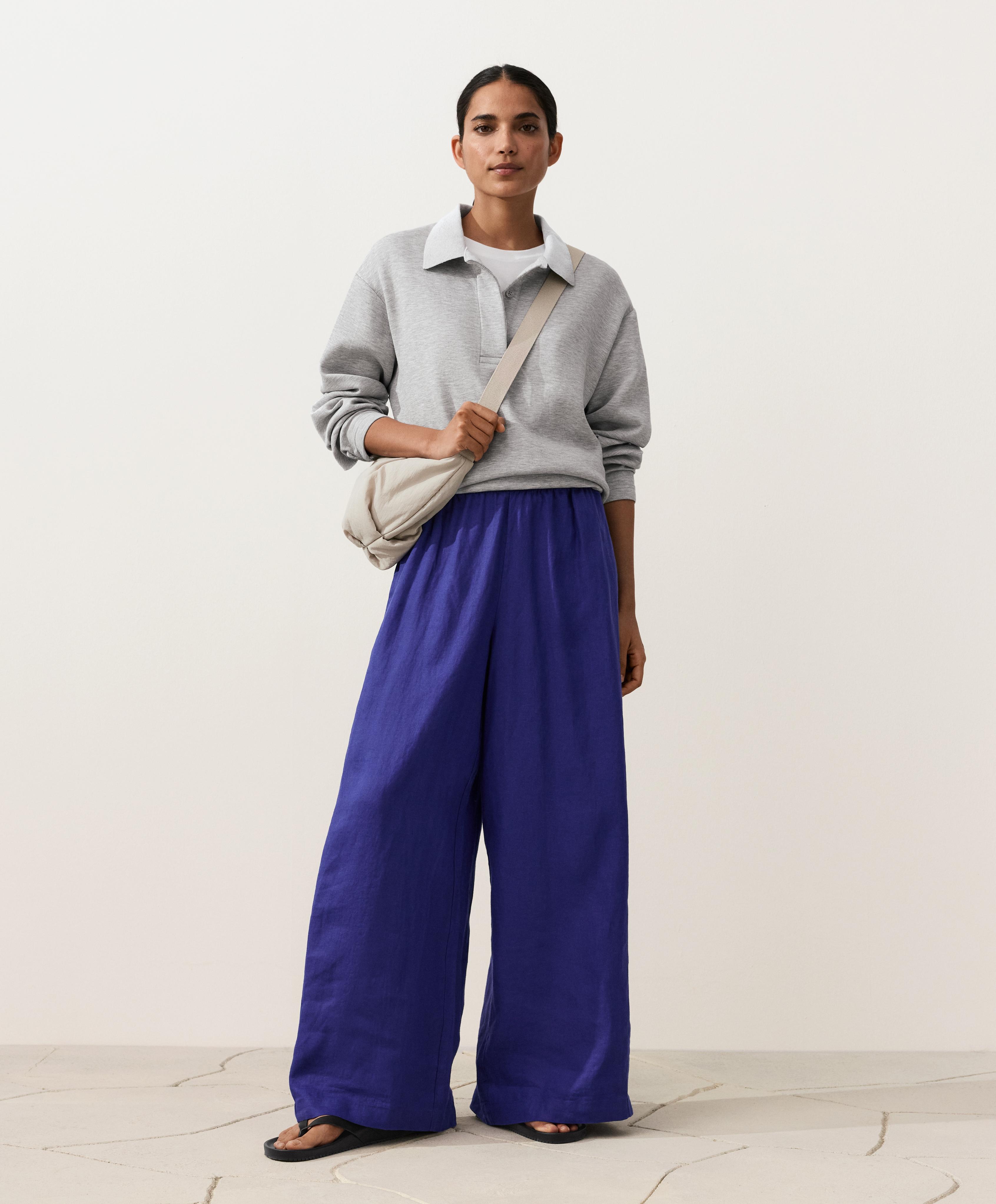 100% linen wide-leg trousers with side pleat — COBALT