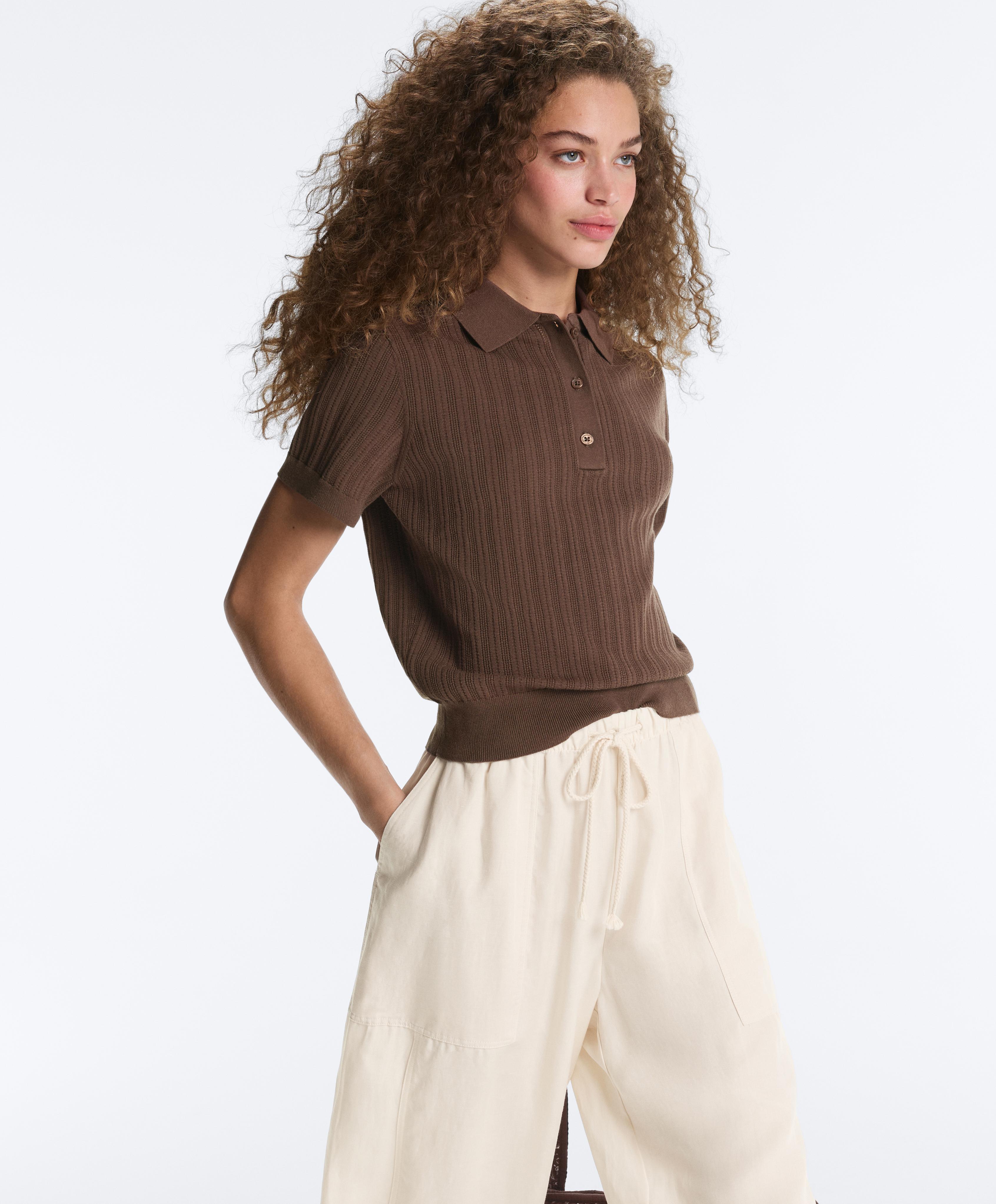 Short sleeve open knit polo shirt — MID-BROWN