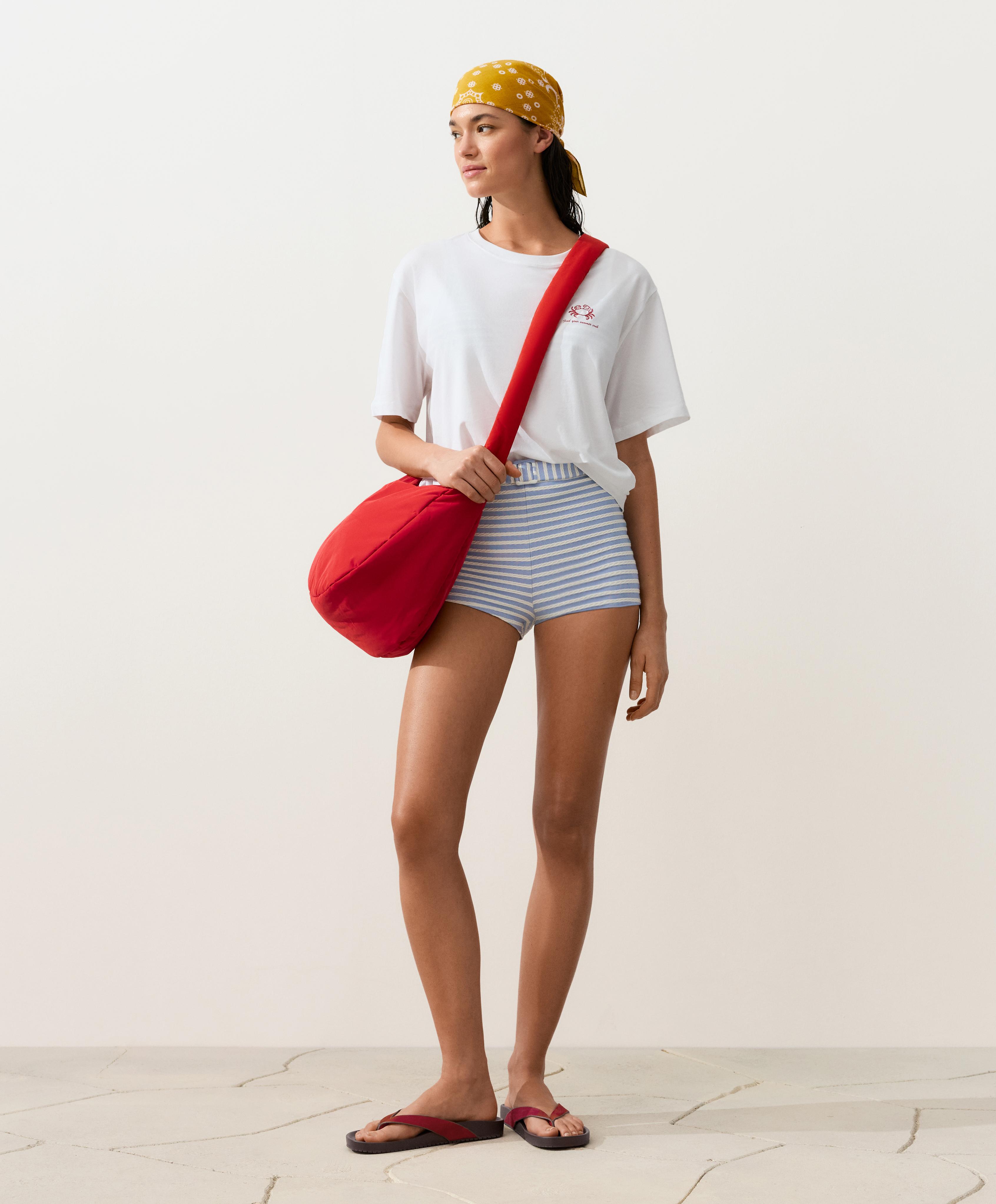 Striped textured high-waisted bikini shorts with belt detail — WASHED SKY BLUE