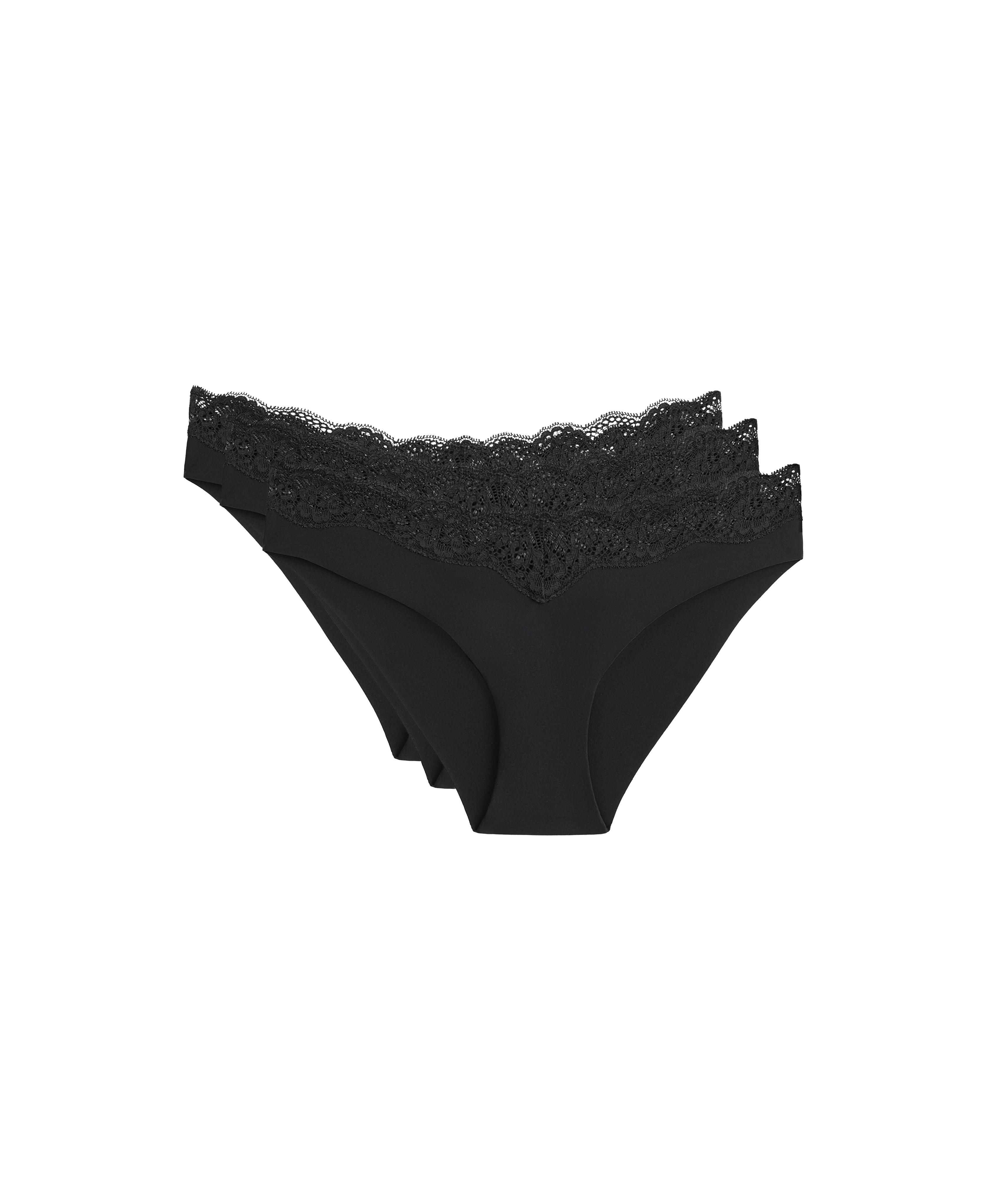 3 laser-cut polyamide blend V-cut lace bikini briefs — BLACK