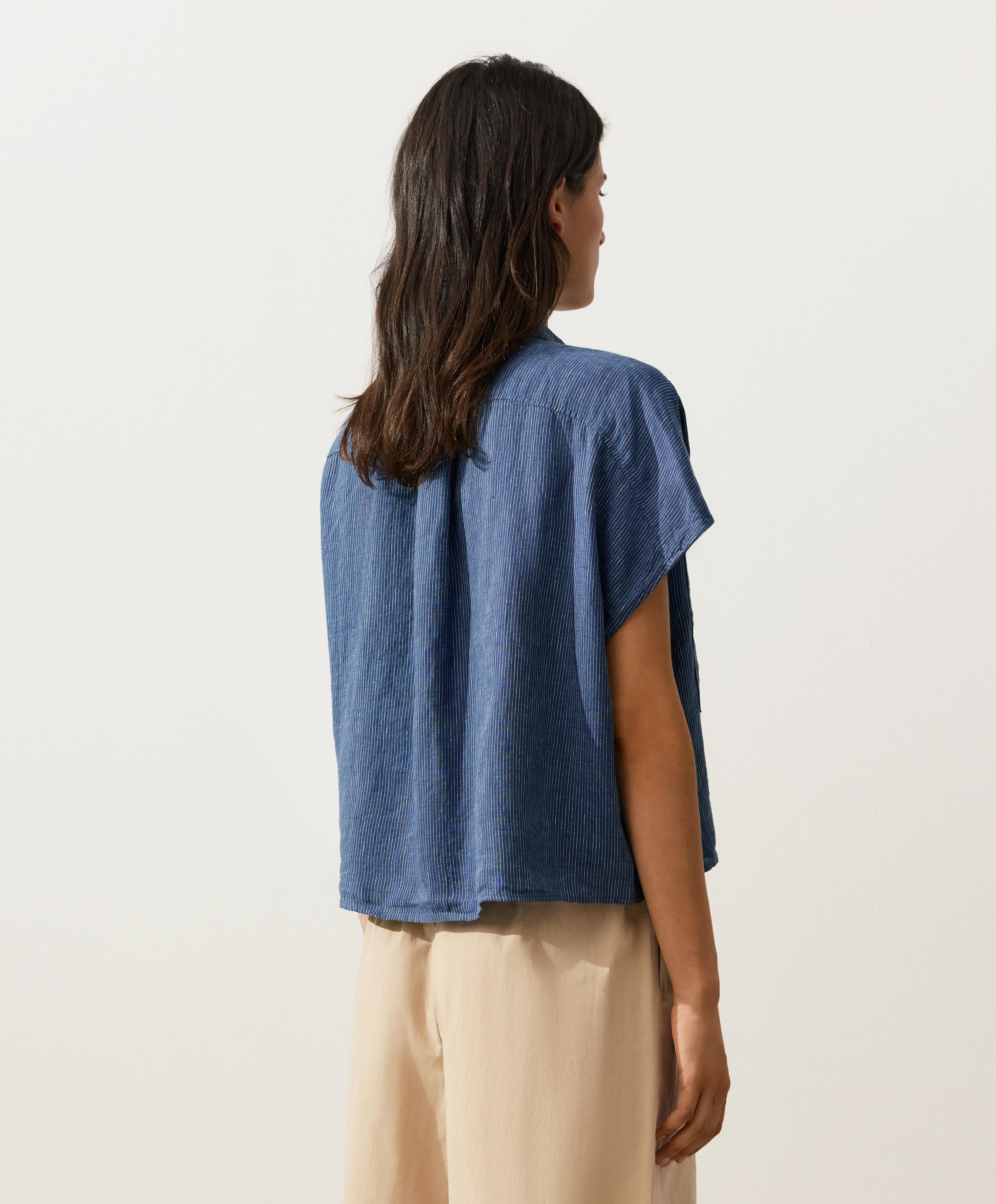 100% linen striped shirt with pockets — BLUE MELANGE