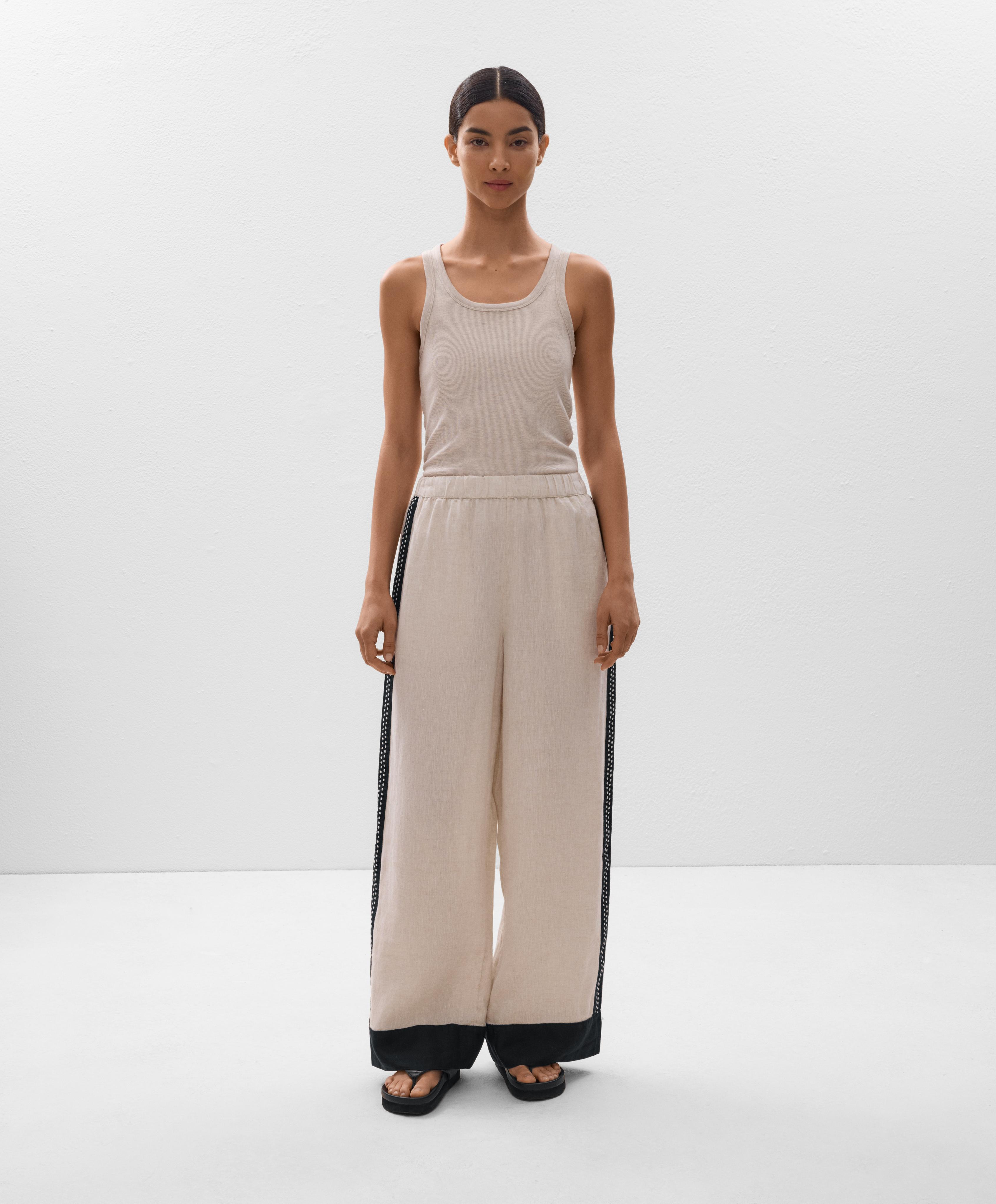 100% linen embroidered trousers