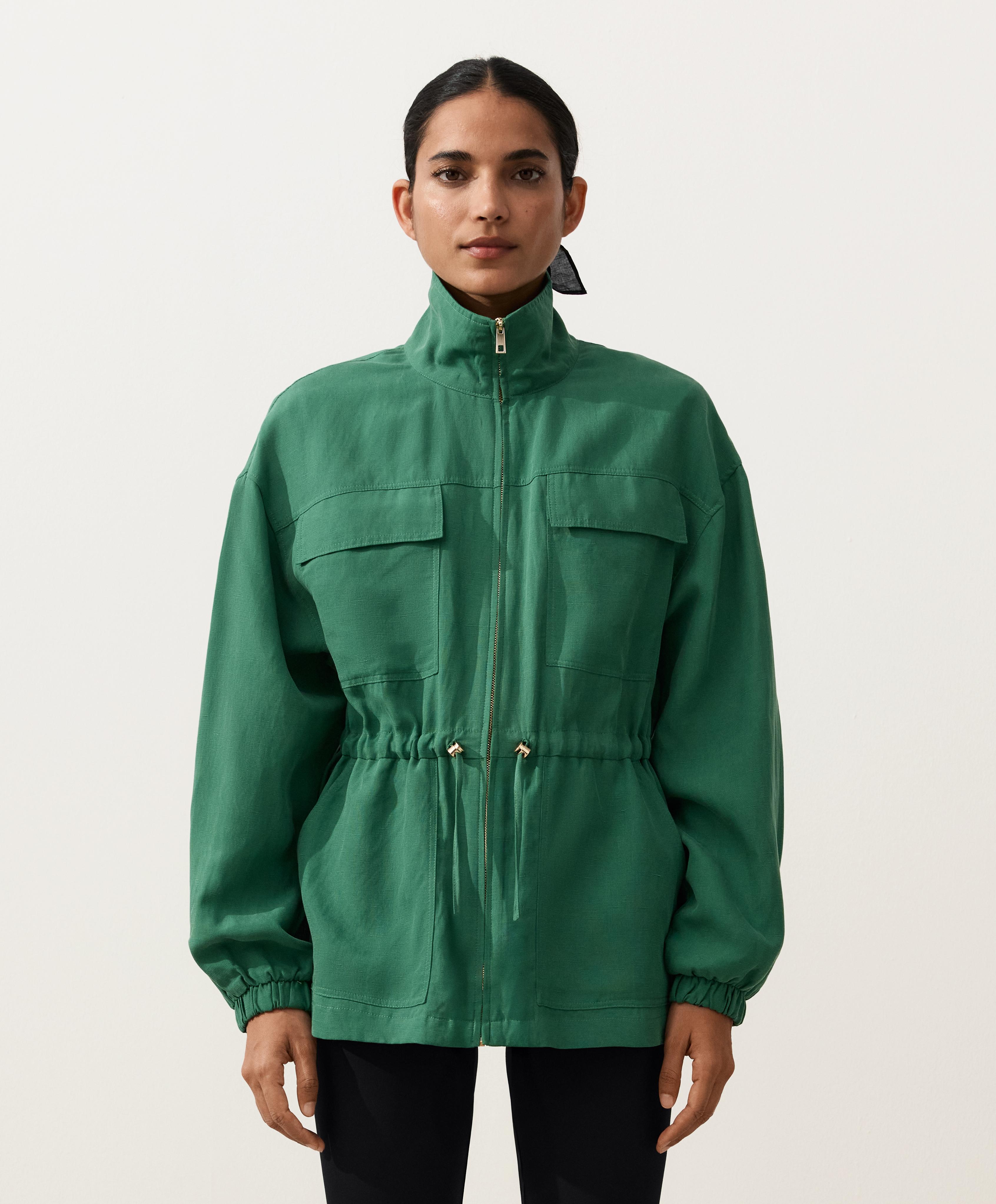 Lyocell and 24% linen blend ruched waist jacket — EMERALD GREEN