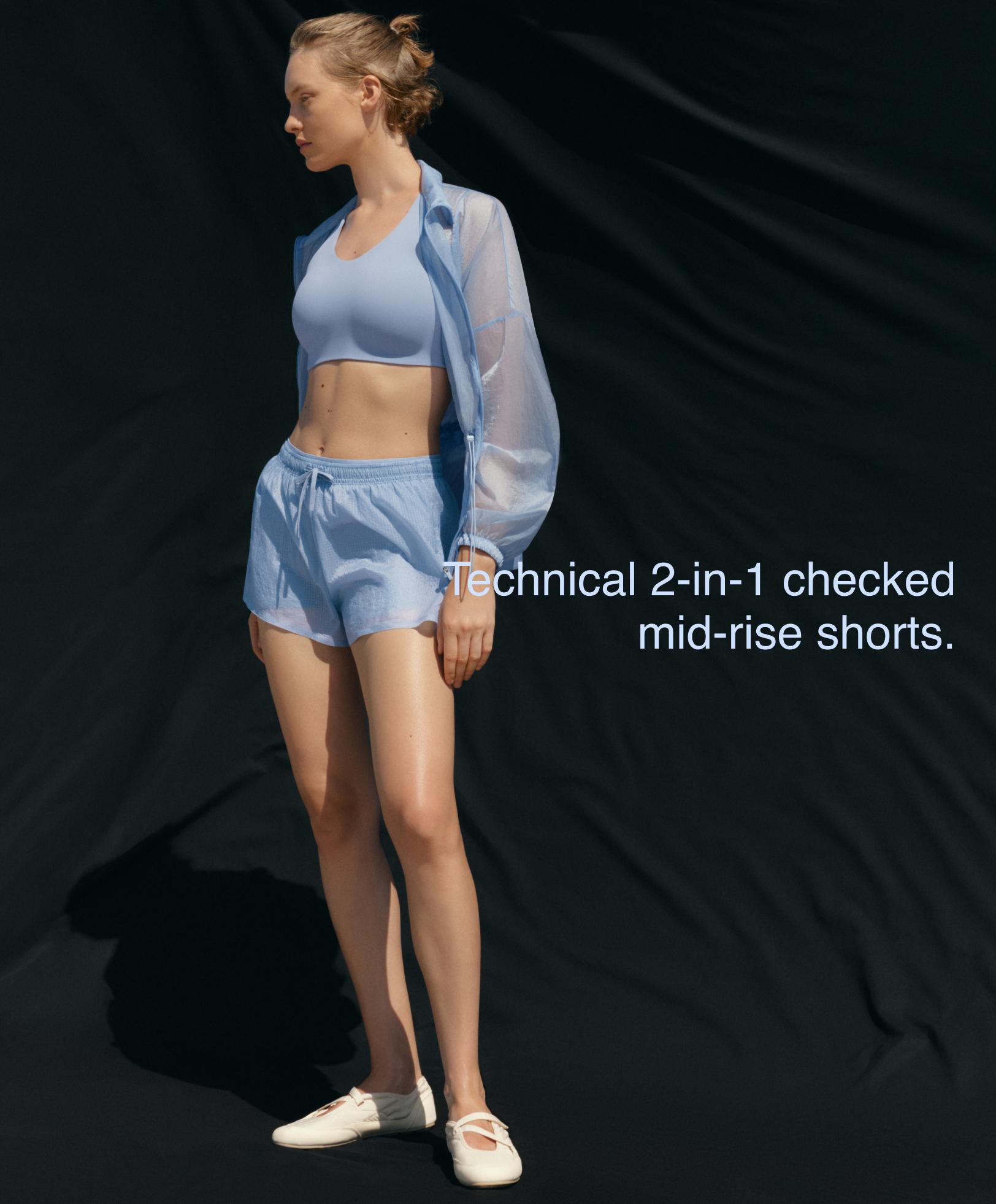 Technical 2-in-1 checked mid-rise shorts — MID GREY-BLUE