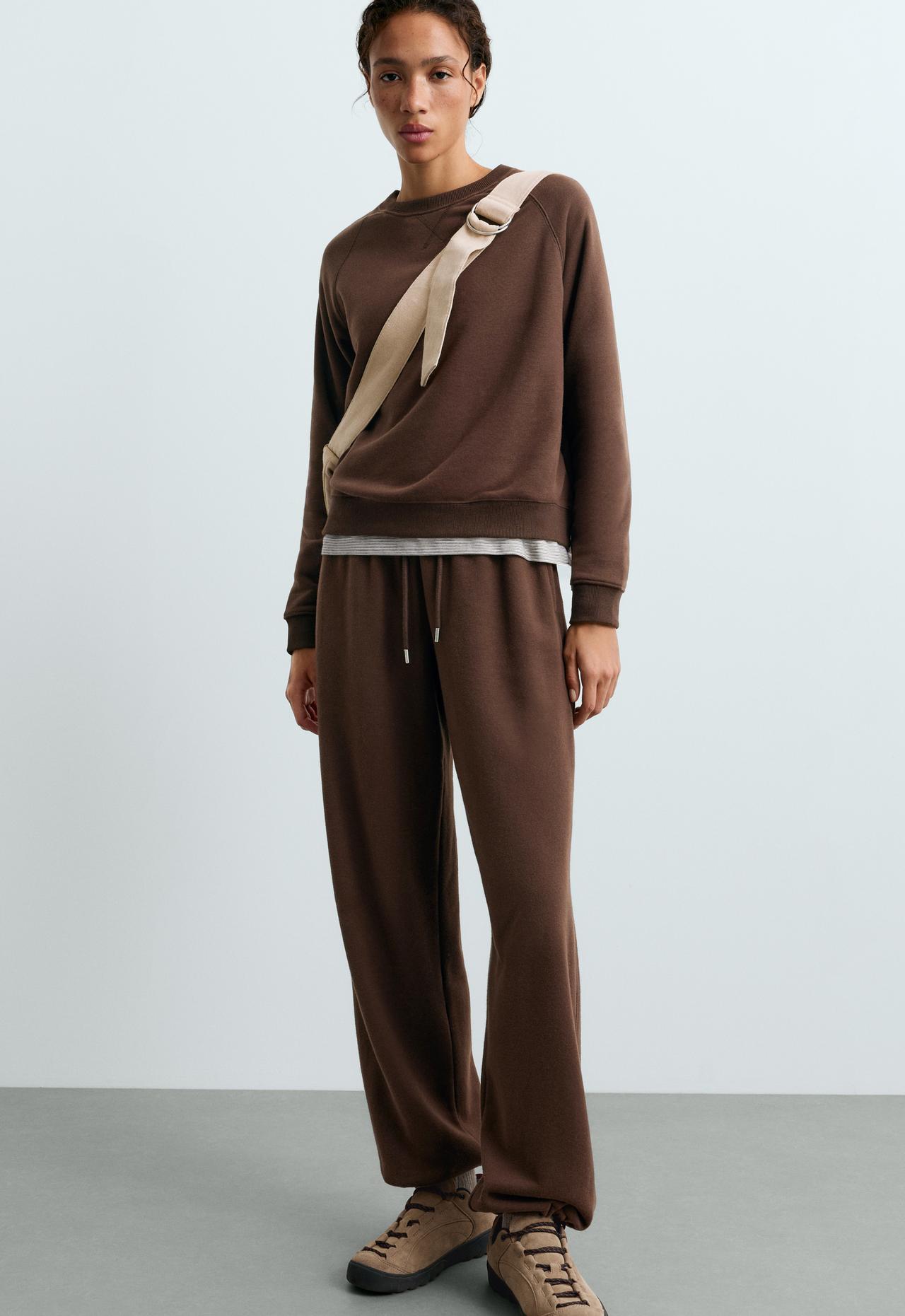 Cotton-blend crew neck sweatshirt — DARK REDDISH‑BROWN