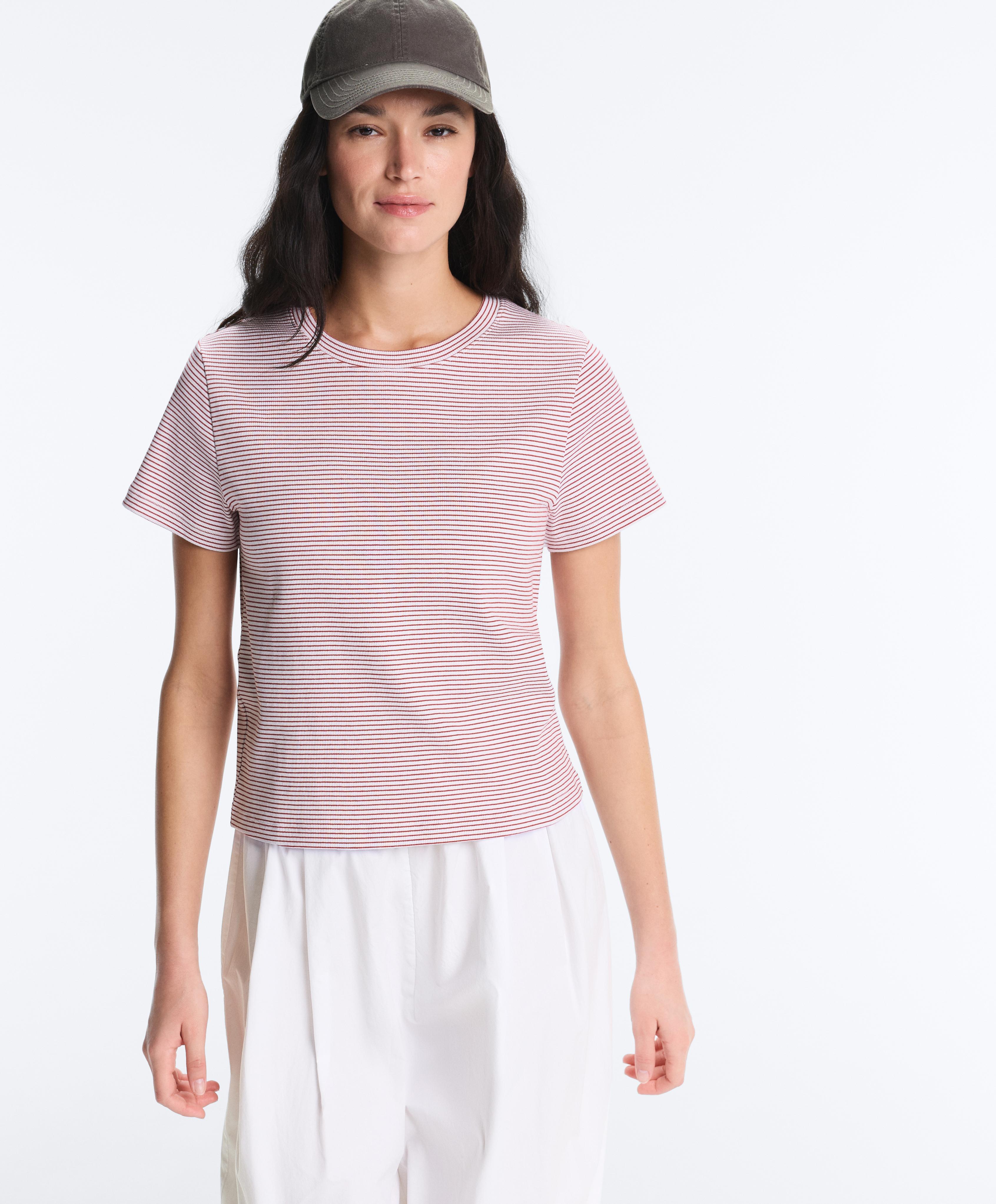 Dryžuoti medvilnės mišinio marškinėliai trumpomis rankovėmis Dryžuoti medvilnės mišinio marškinėliai trumpomis rankovėmis