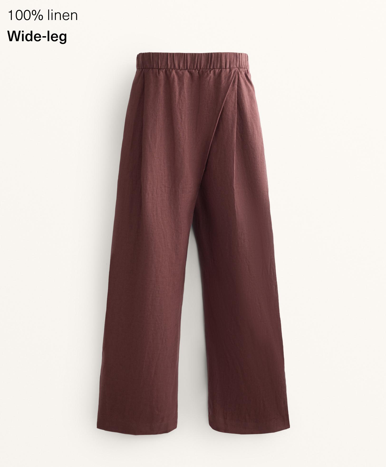 กางเกงขาบานทรงตรงด้านหน้าไขว้ผ้าลินิน 100%